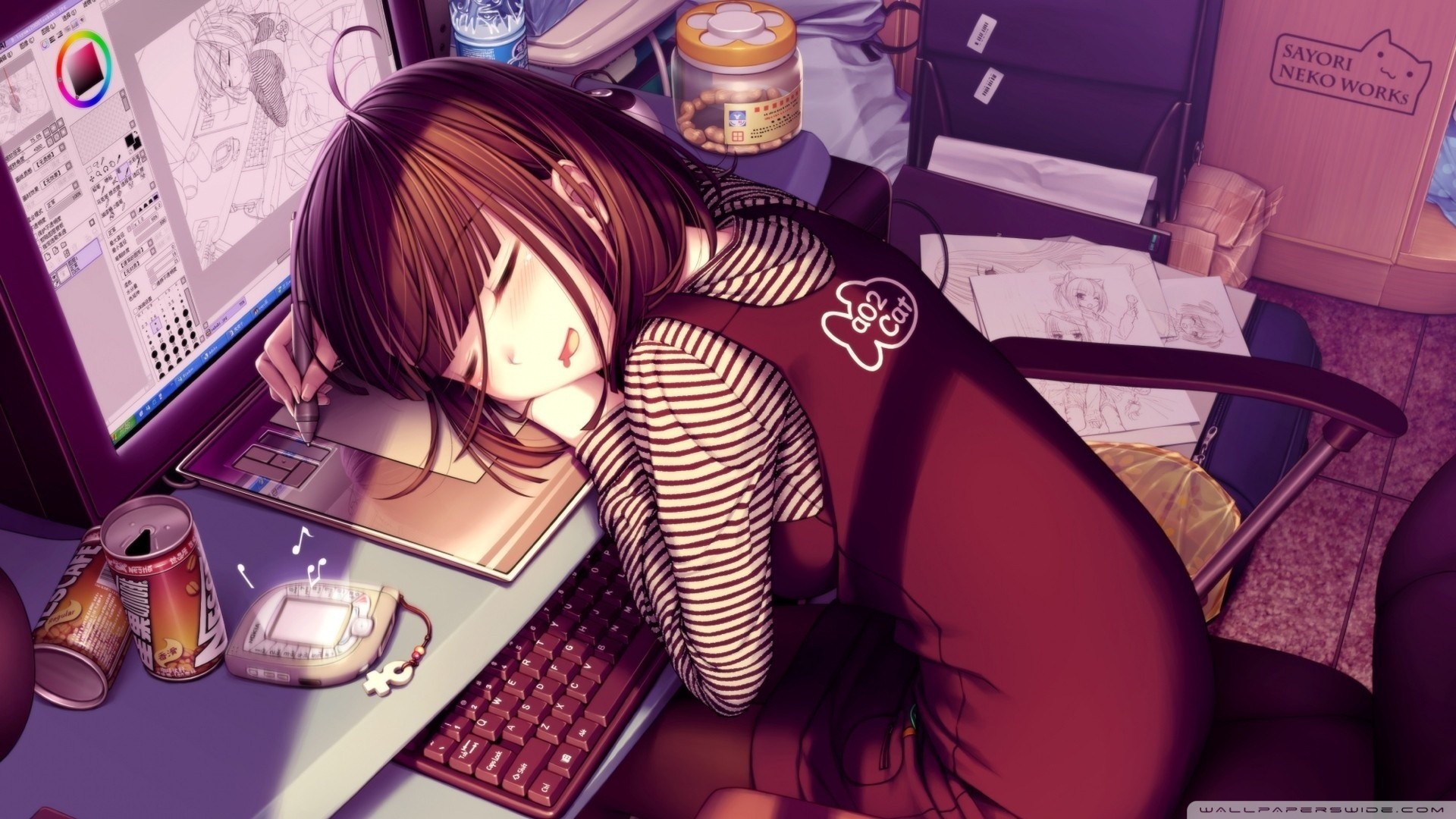 Anime girl sleeping at computer with Sayori Neko Works box HD Wallpaper