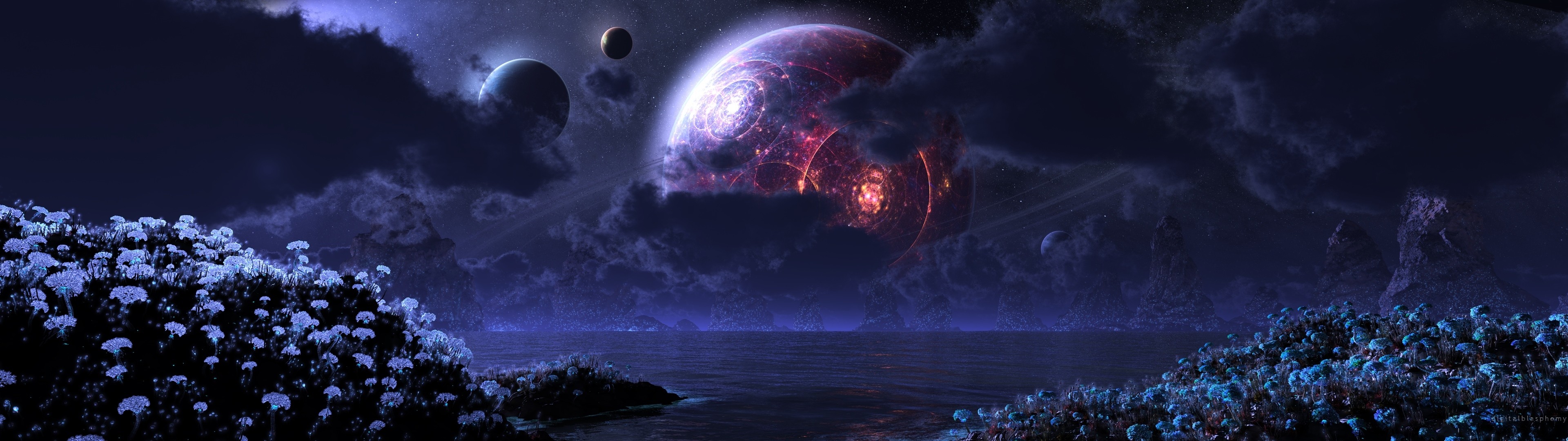 Alien landscape with planets and flowers HD Wallpaper