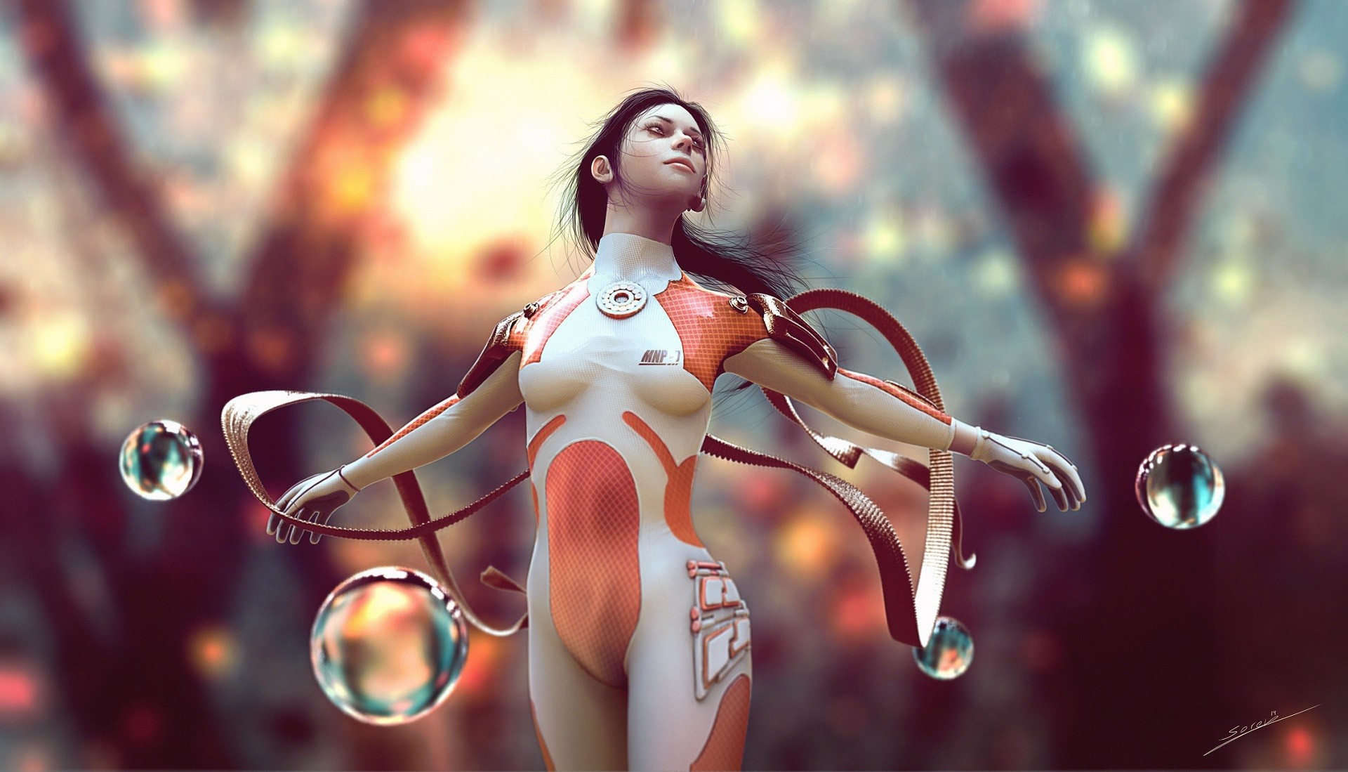 CGI render of a woman in a futuristic bodysuit HD Wallpaper