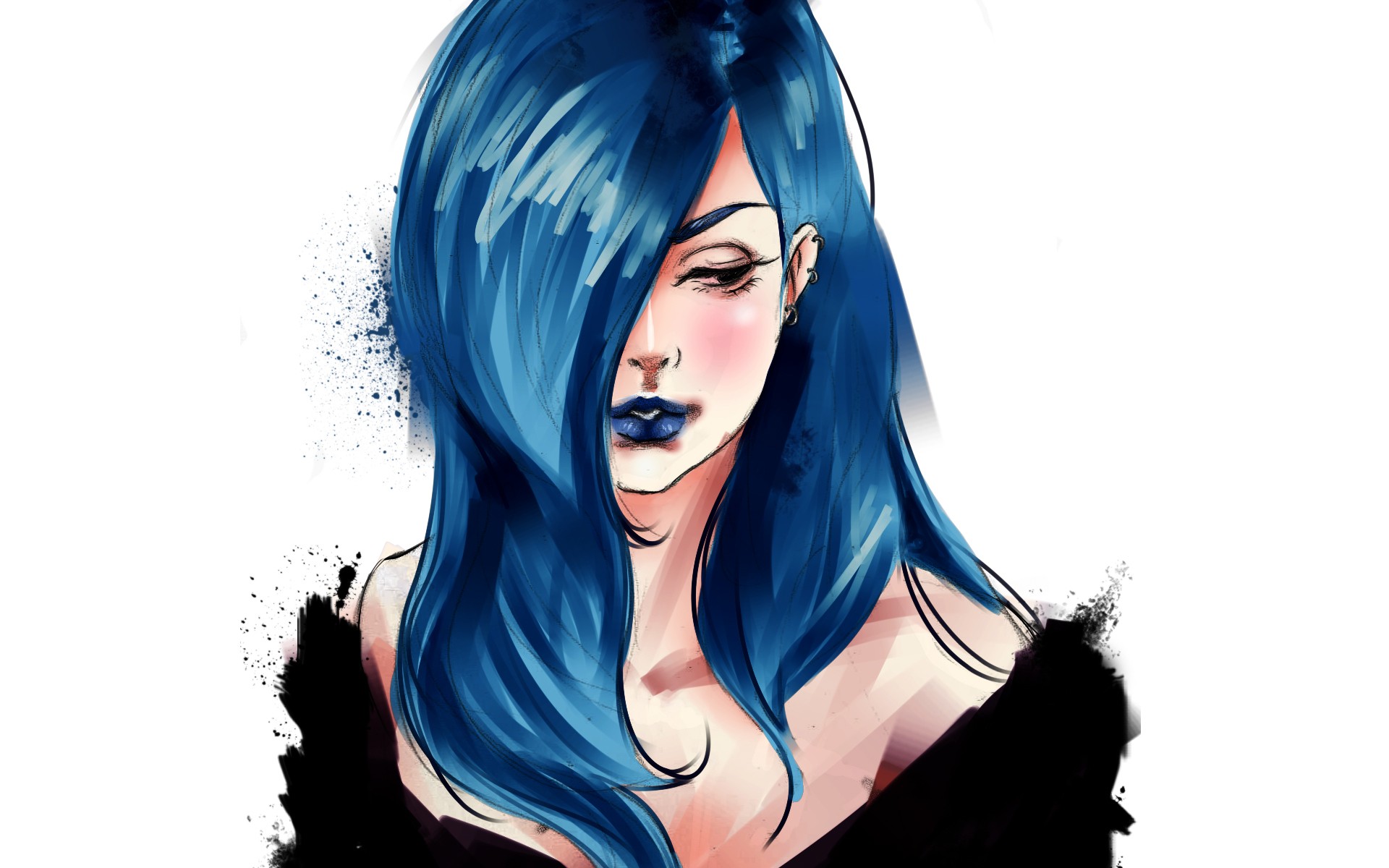 Artwork of a woman with blue hair HD Wallpaper