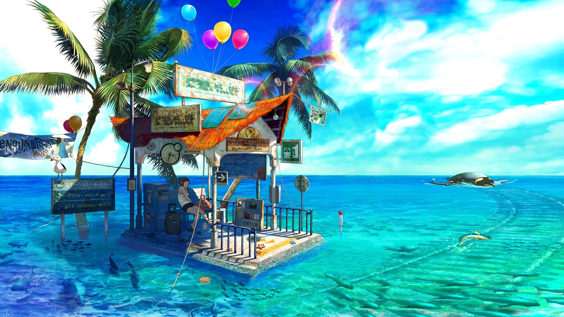 Anime girl at a tropical island bus stop in the sea HD Wallpaper