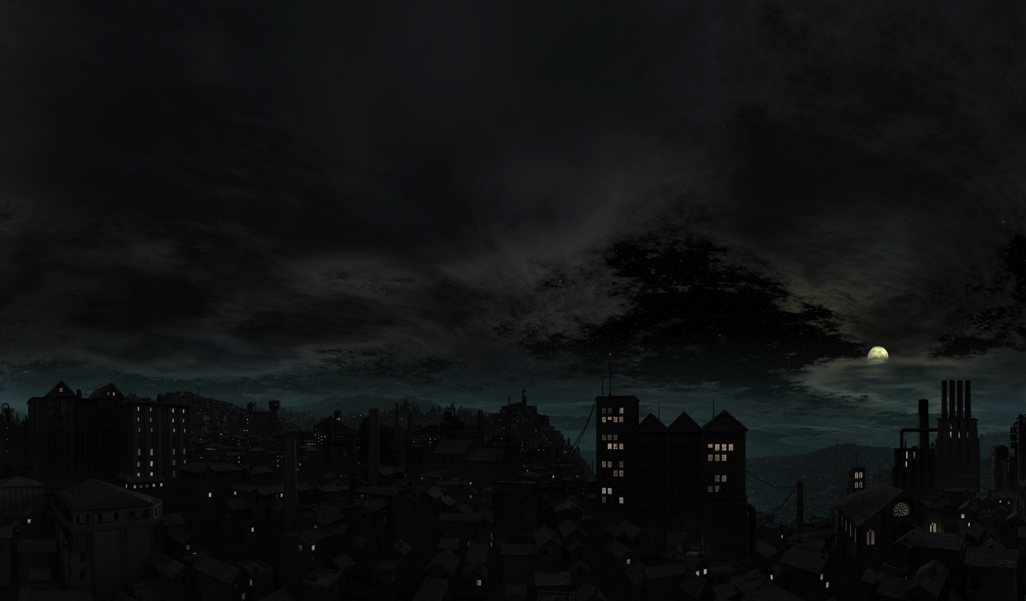 Dark cityscape at night with a full moon HD Wallpaper