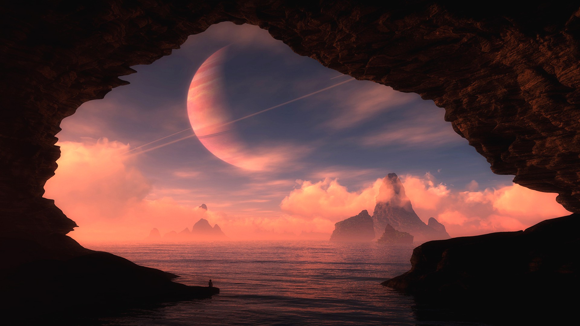 Planet with rings seen from a cave overlooking the ocean HD Wallpaper