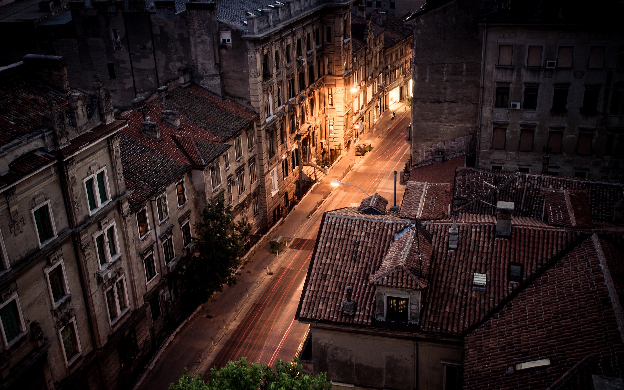 Night view of Rijeka, Croatia with illuminated street and rooftops HD Wallpaper