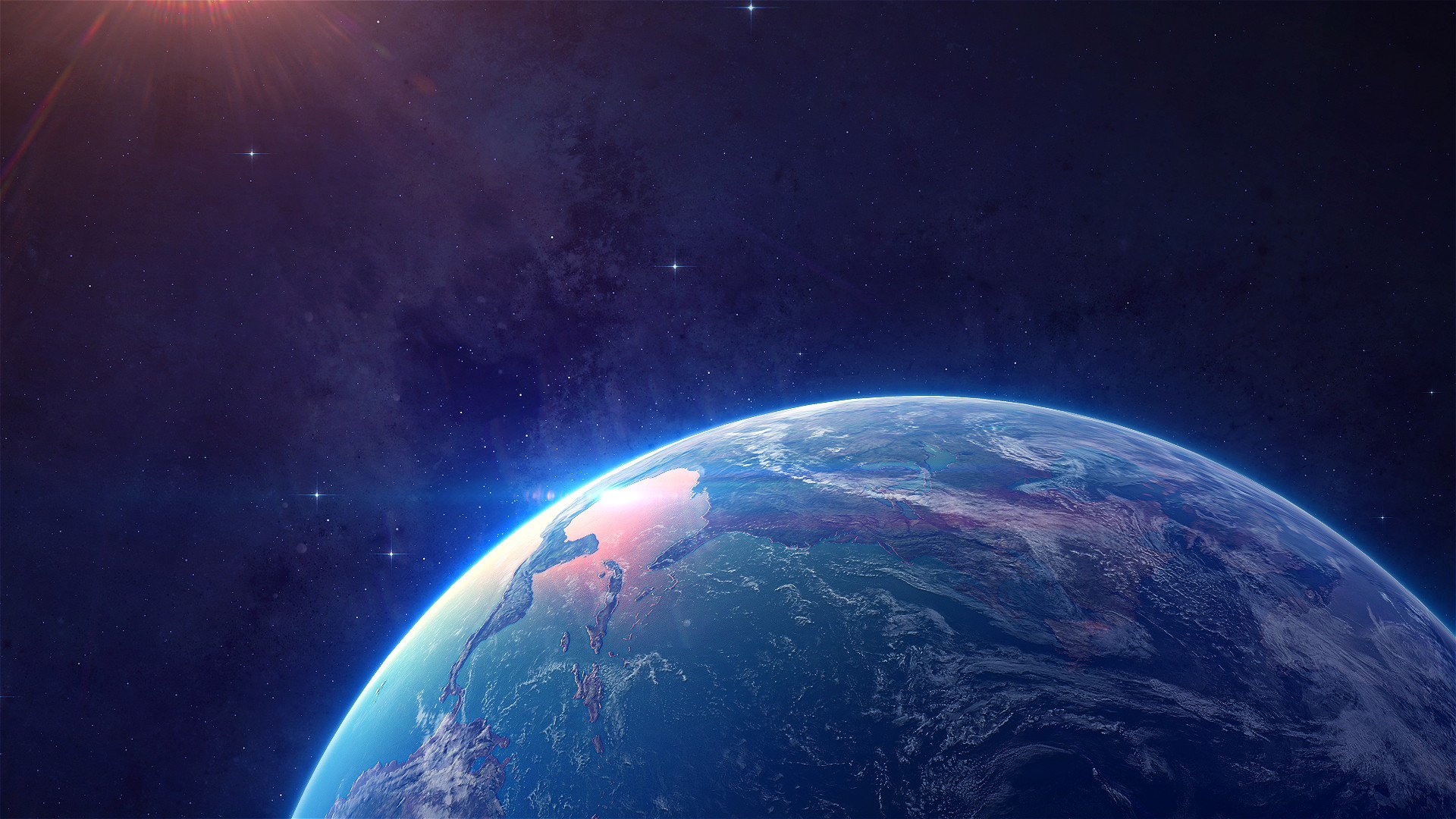 Earth from space with sun flare and stars HD Wallpaper
