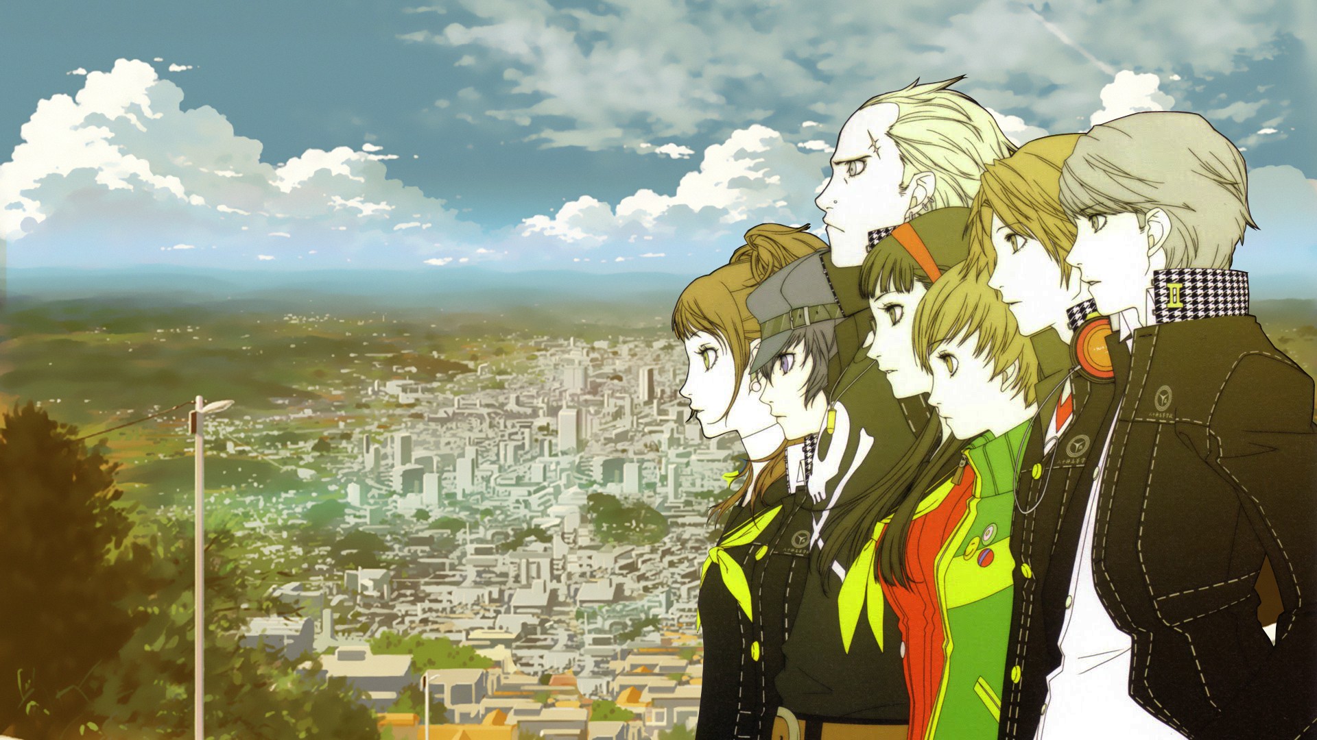 Persona 4 characters overlooking a cityscape HD Wallpaper