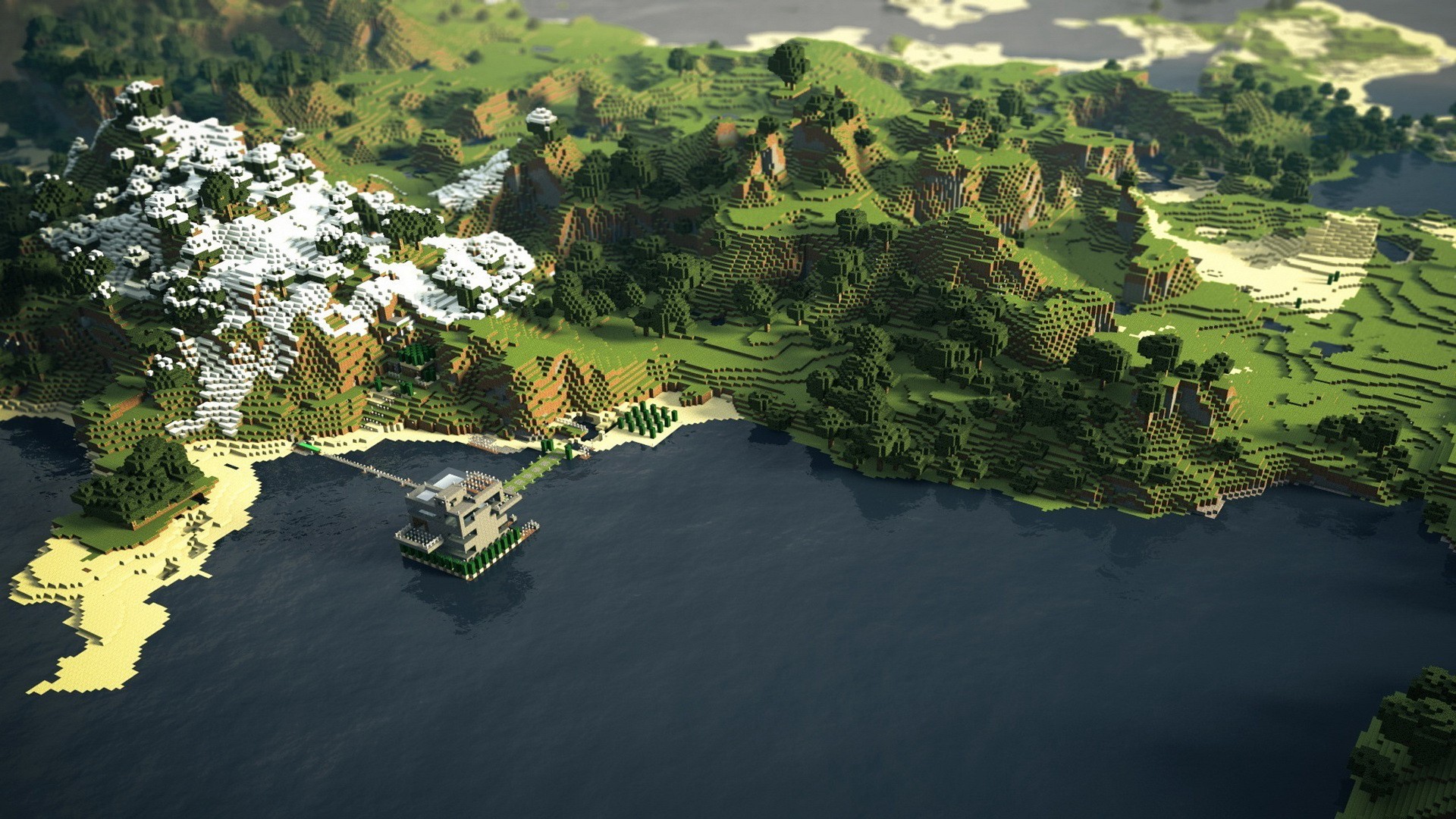 Minecraft island with snowy mountains and a house HD Wallpaper