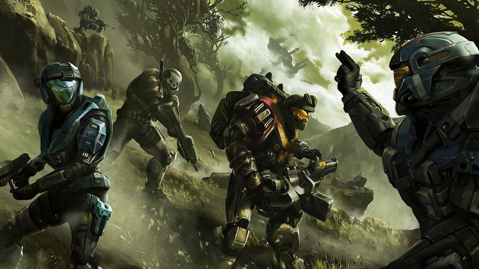 Halo soldiers in a misty forest landscape HD Wallpaper