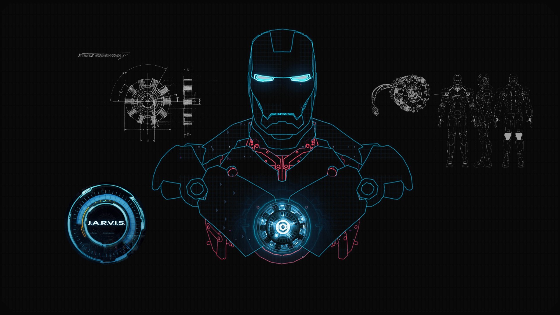 Iron Man blueprint with JARVIS interface HD Wallpaper