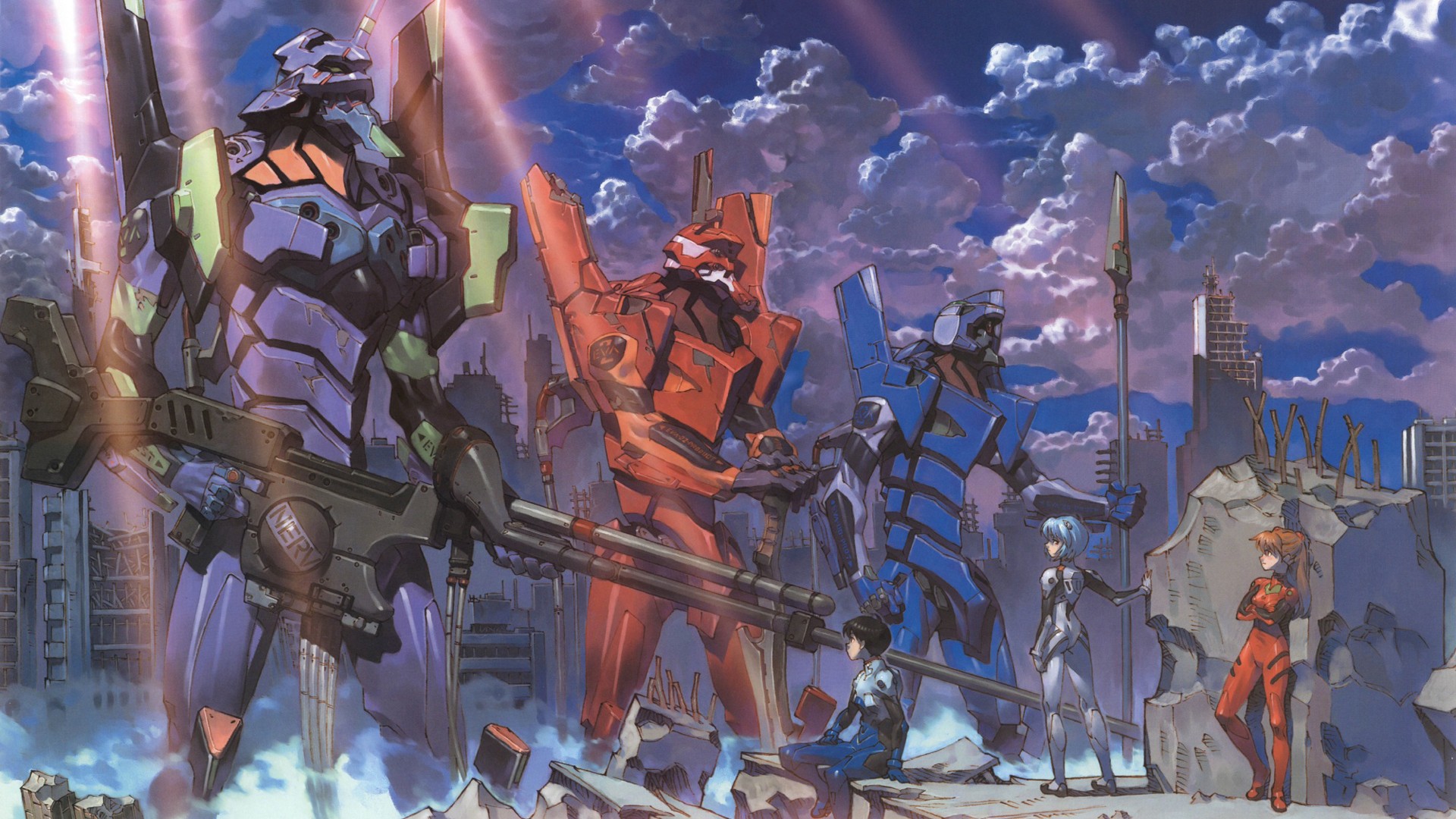 anime, Ayanami Rei, EVA Unit 00, Asuka Langley Soryu, EVA Unit 01, Ikari Shinji, Neon Genesis Evangelion, EVA Unit 02 HD Wallpaper