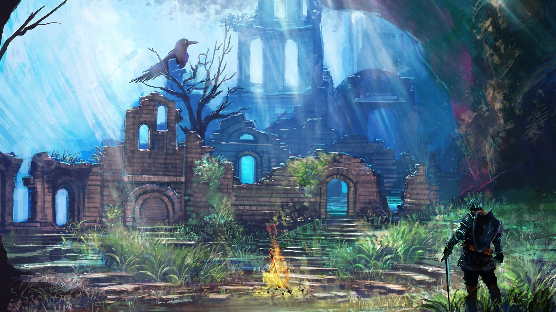 Dark Souls ruins with knight and bonfire HD Wallpaper
