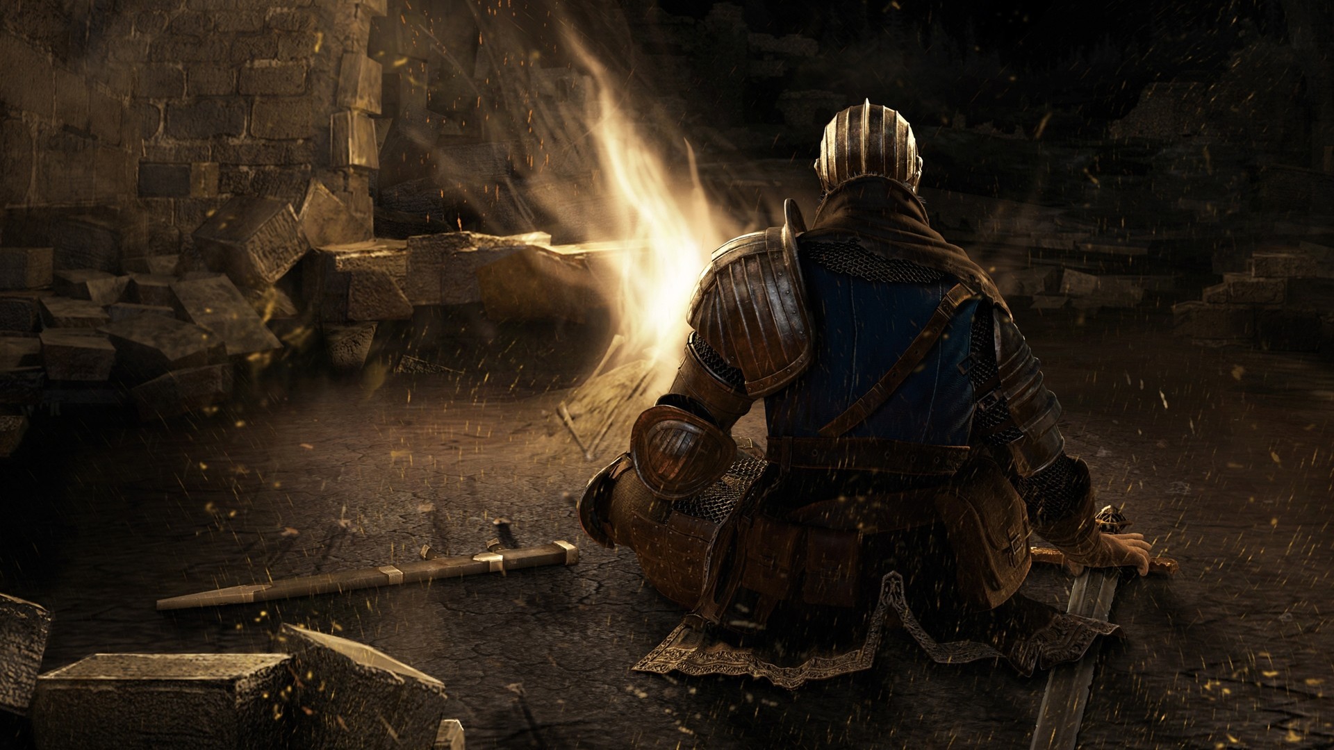 Dark Souls knight sitting by a campfire HD Wallpaper
