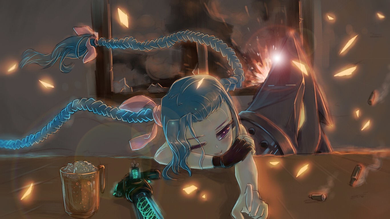 Jinx from League of Legends with a drink HD Wallpaper