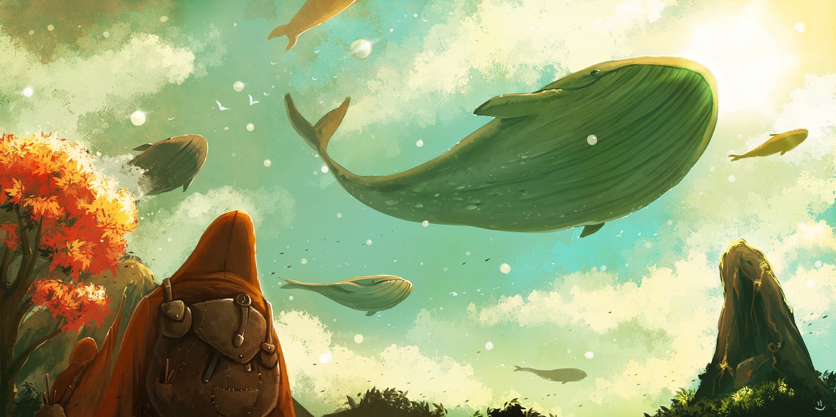 Fantasy art of whales flying in the sky HD Wallpaper