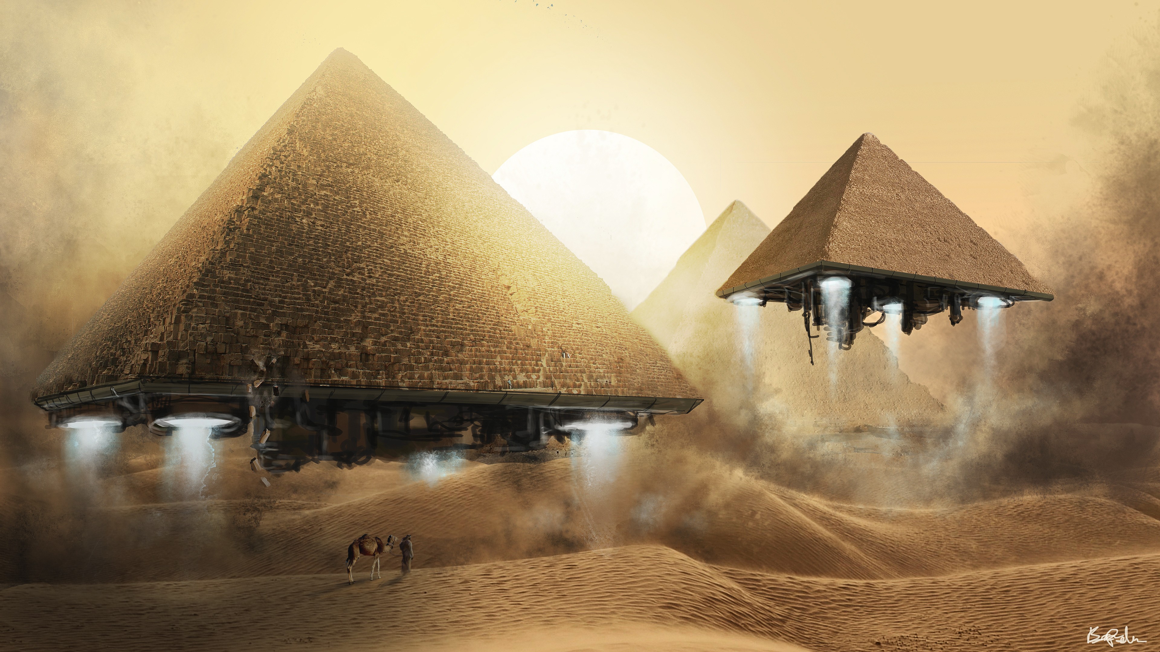 Science fiction pyramids in the desert HD Wallpaper
