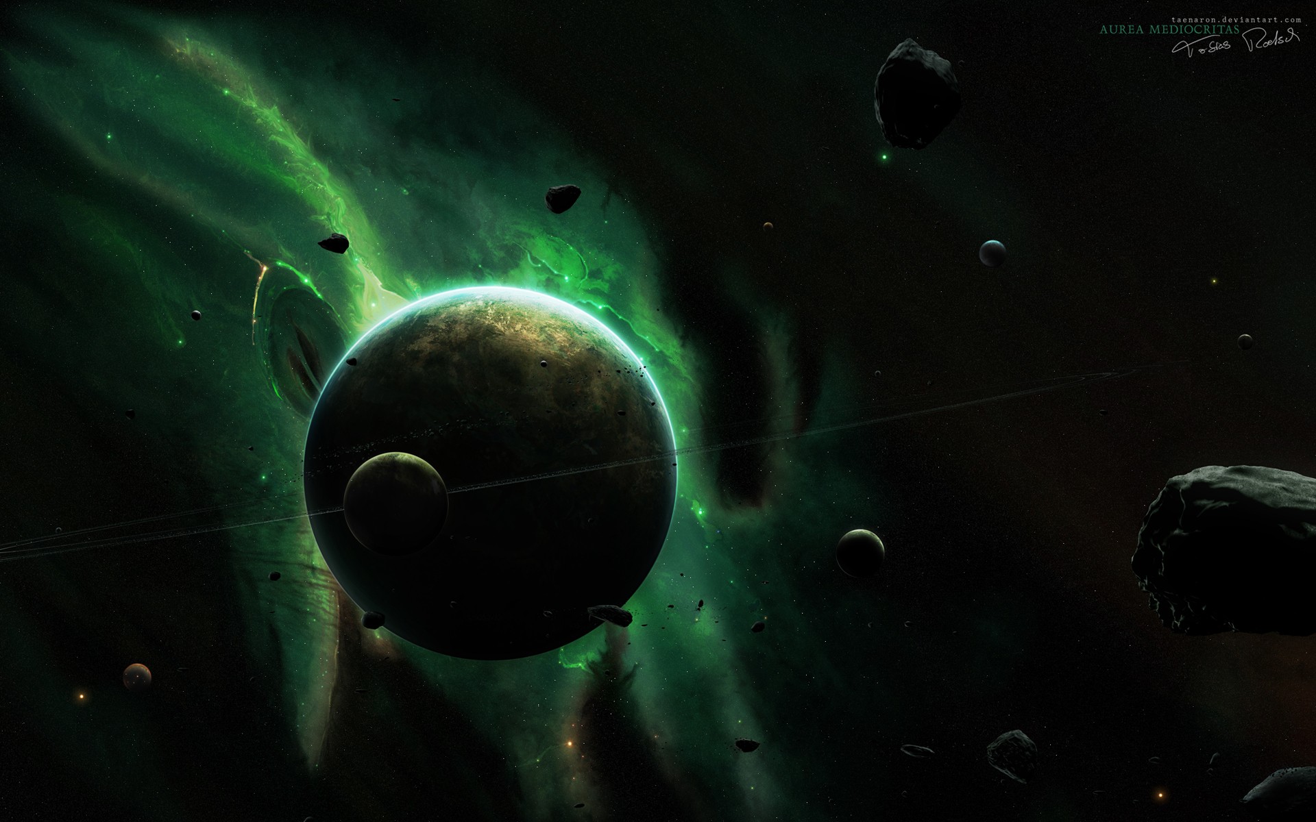 Green planet with rings and moons in space HD Wallpaper