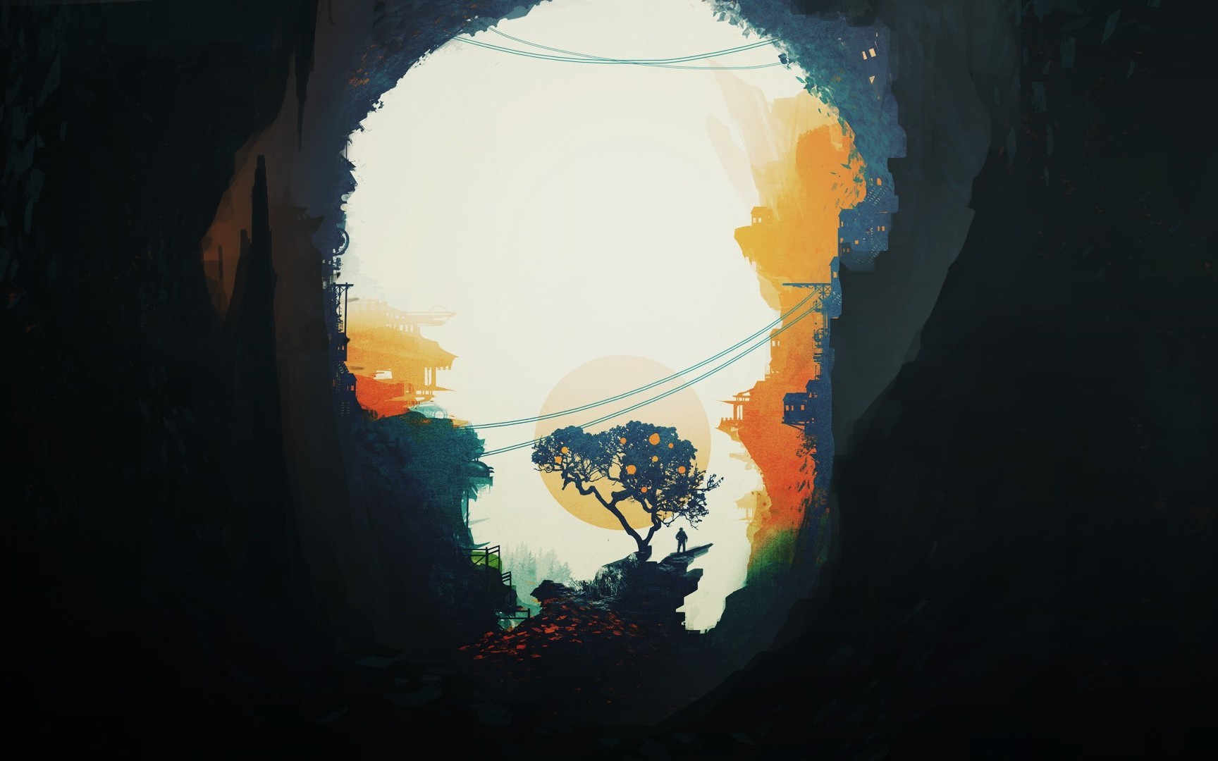Digital art of a lone figure and a tree in a cave opening HD Wallpaper