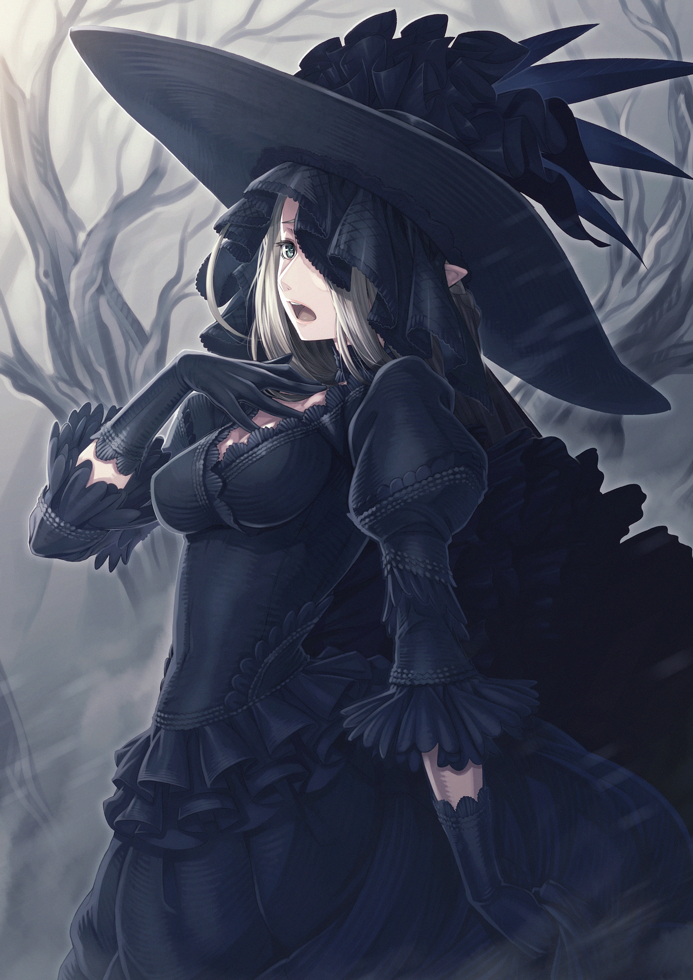 Anime girl in black gothic dress and hat HD Wallpaper