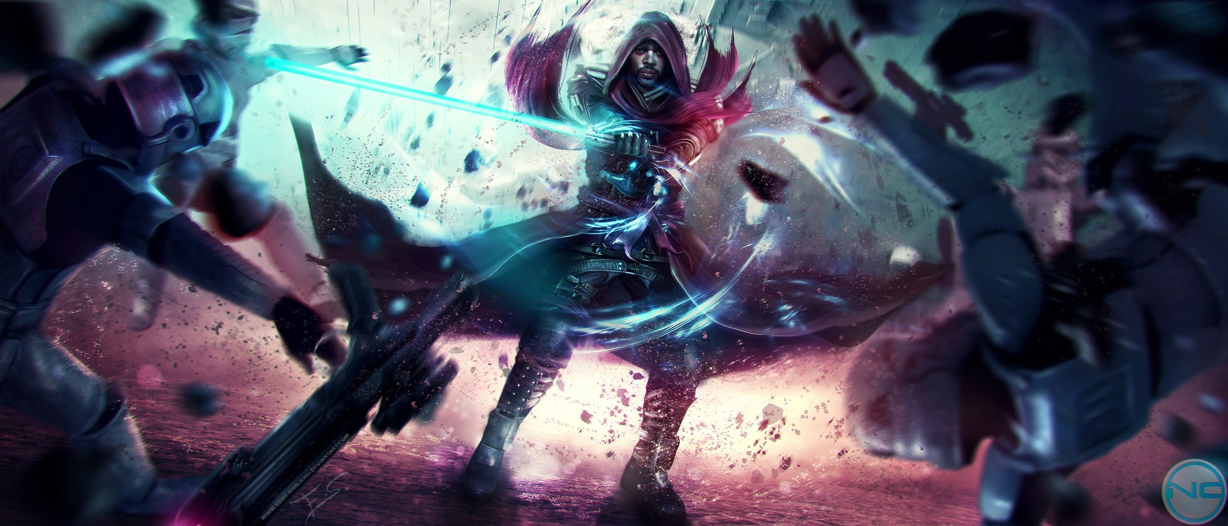 Star Wars character firing a blue energy beam HD Wallpaper