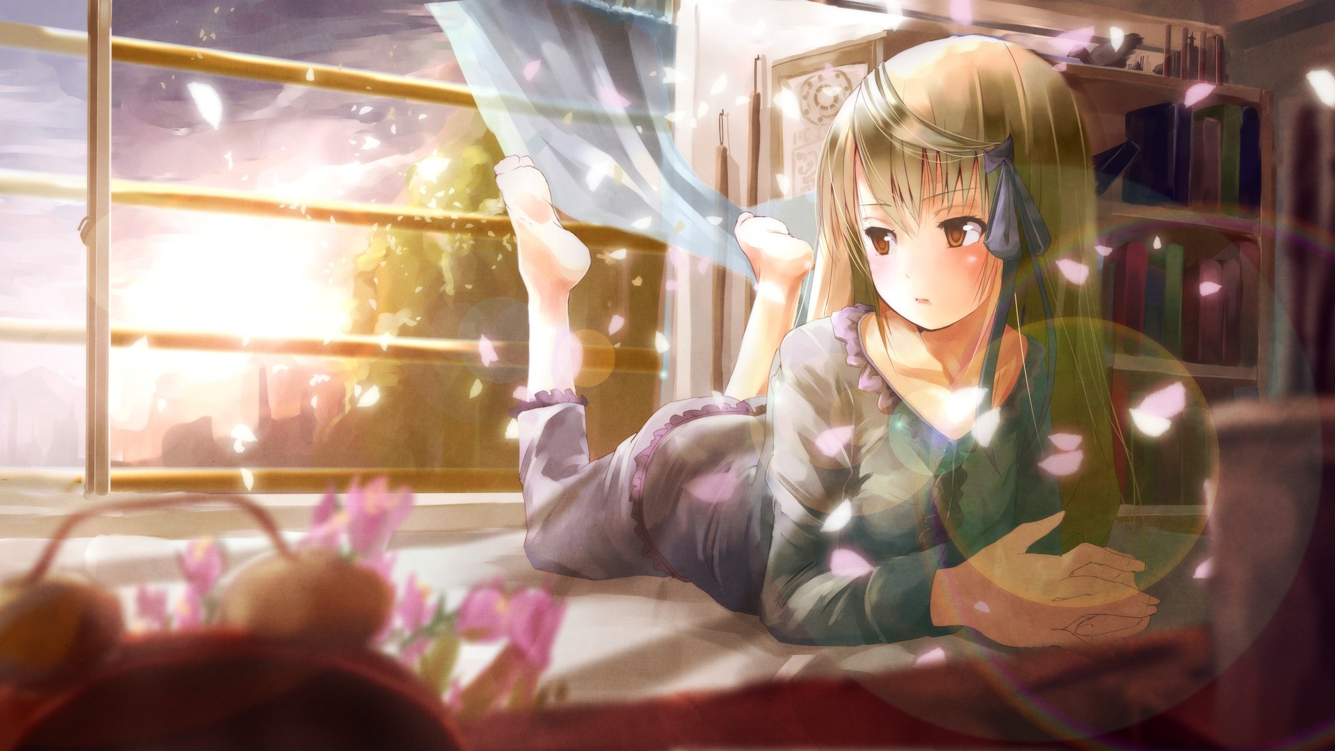 Anime girl lying by the window with cherry blossoms HD Wallpaper