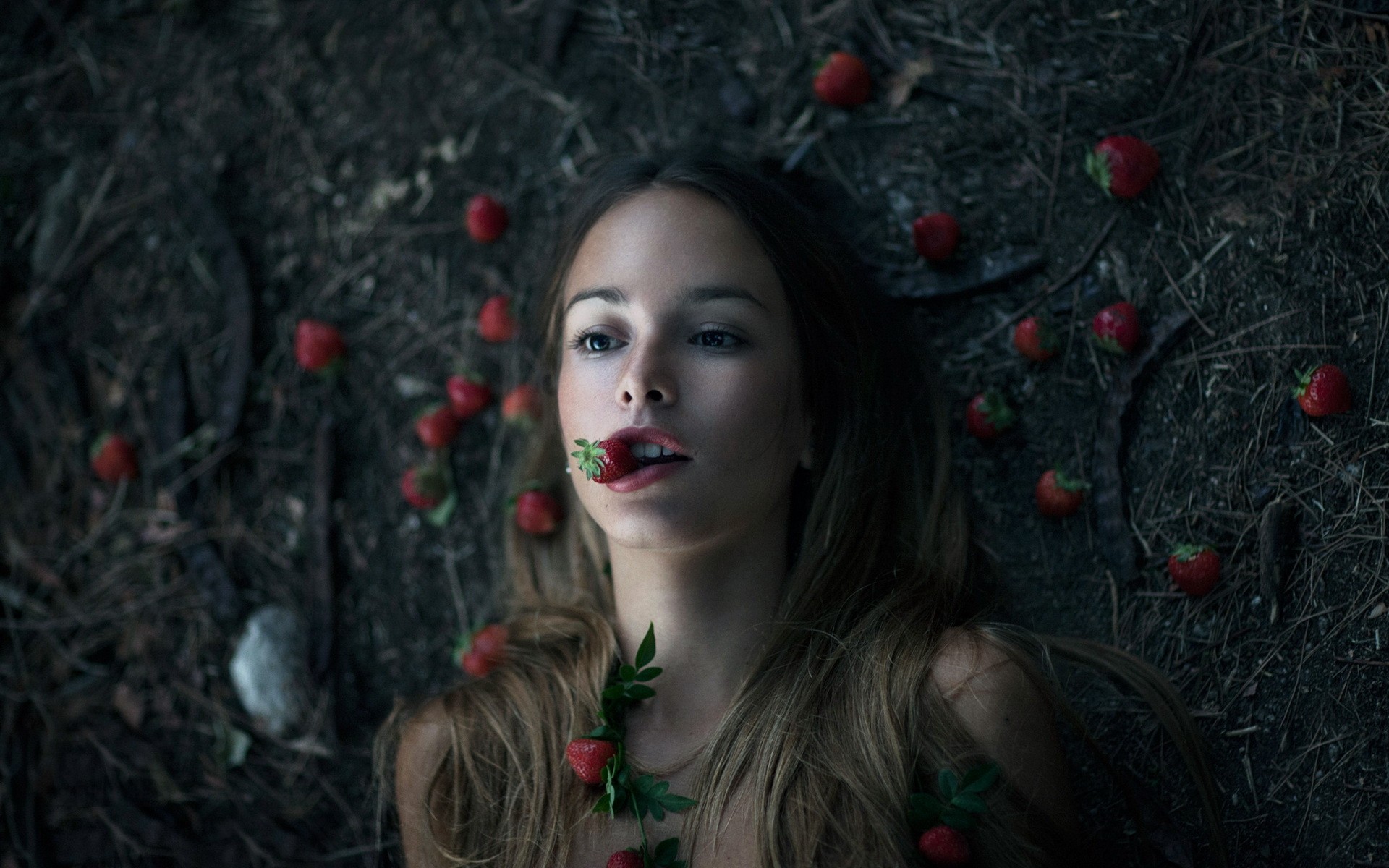 Woman lying down with strawberries HD Wallpaper