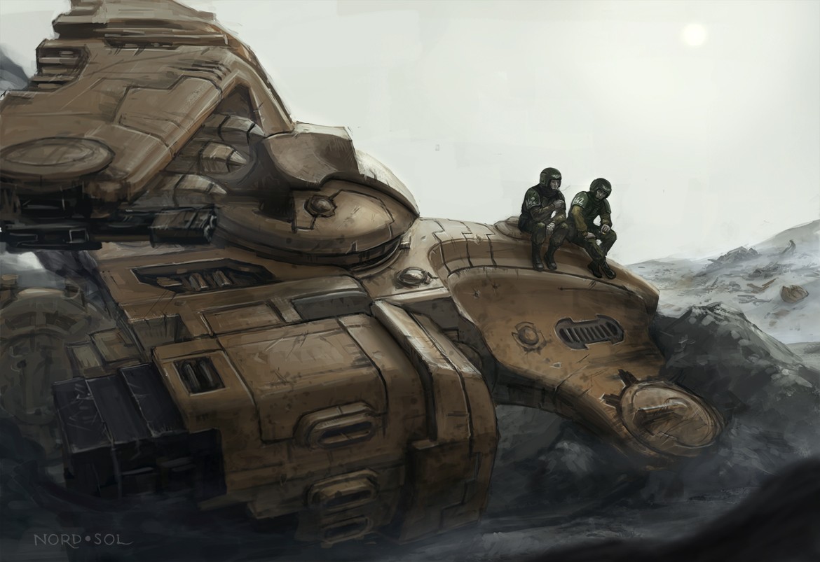 Warhammer 40,000 crashed tank with two soldiers HD Wallpaper