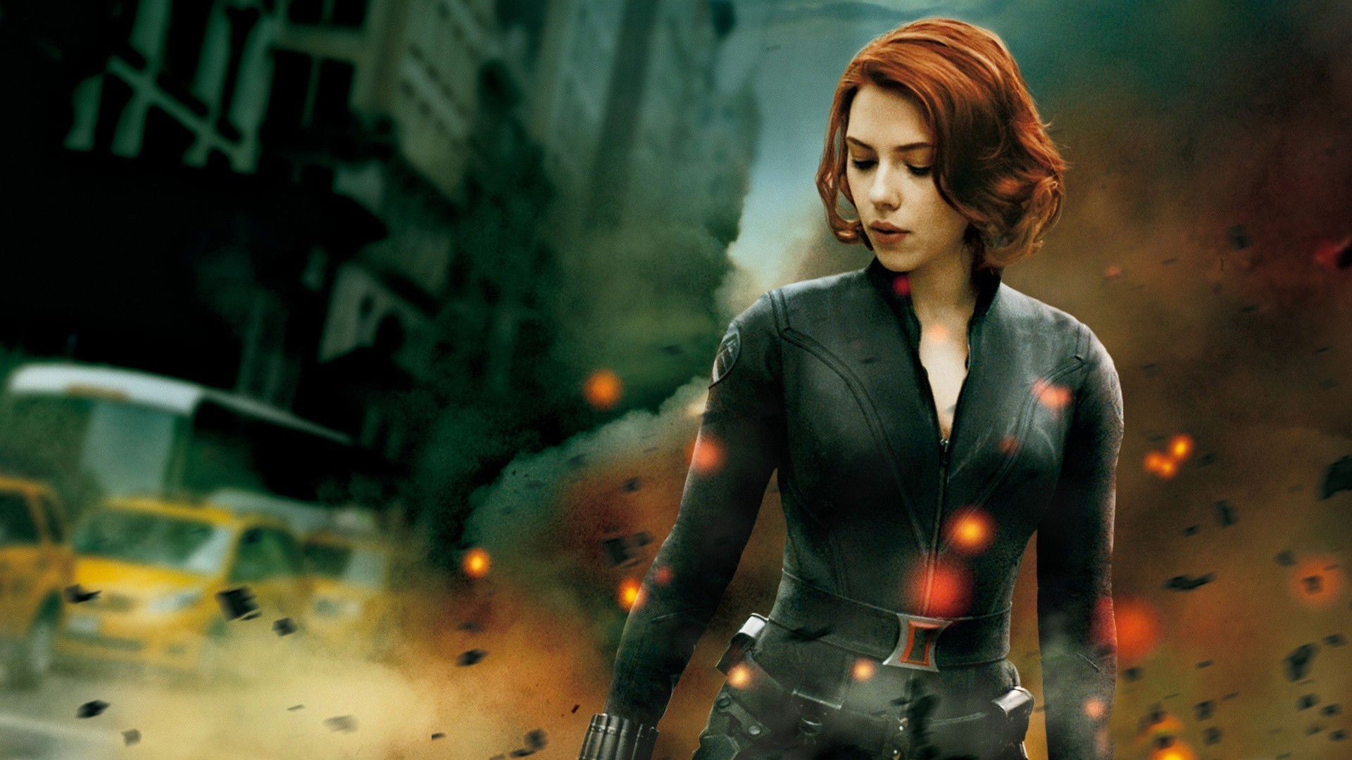 Black Widow in a City Under Attack HD Wallpaper