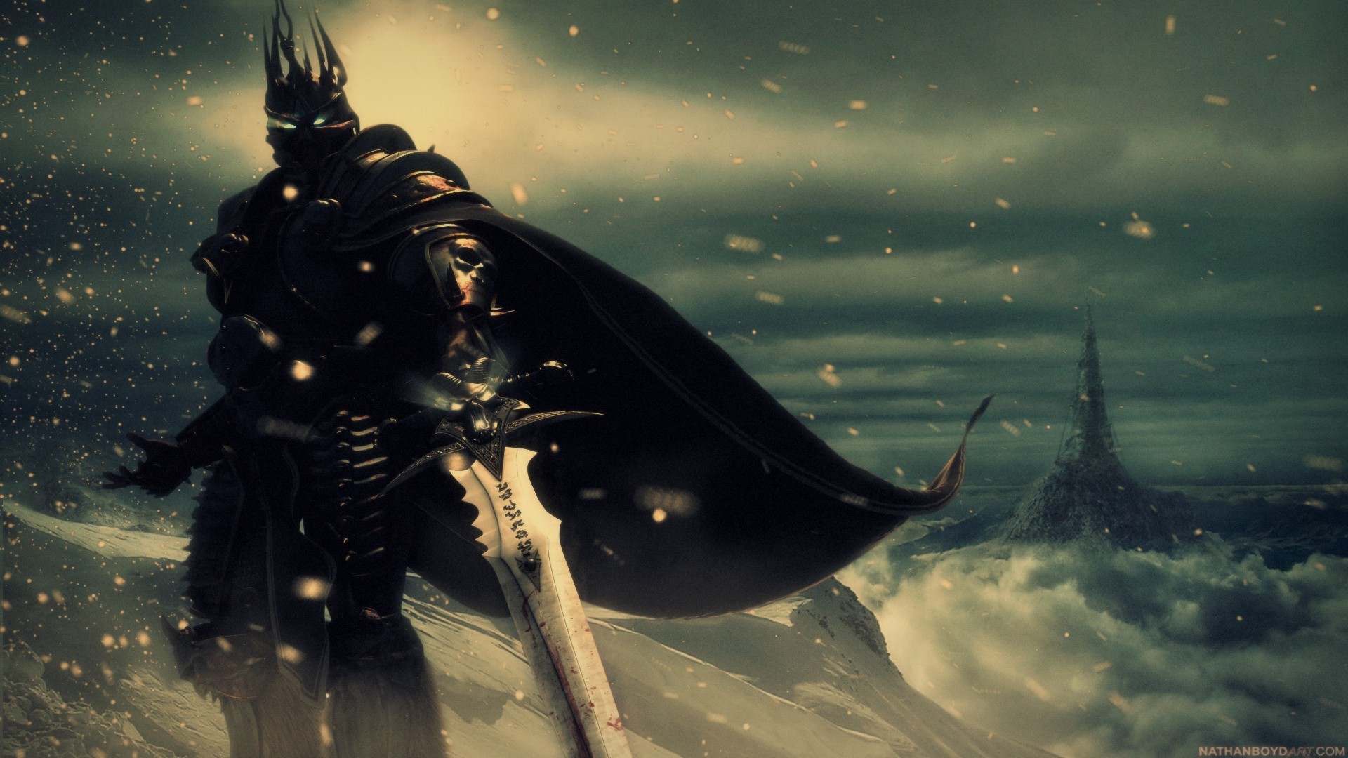 The Lich King with Frostmourne in a snowy landscape HD Wallpaper