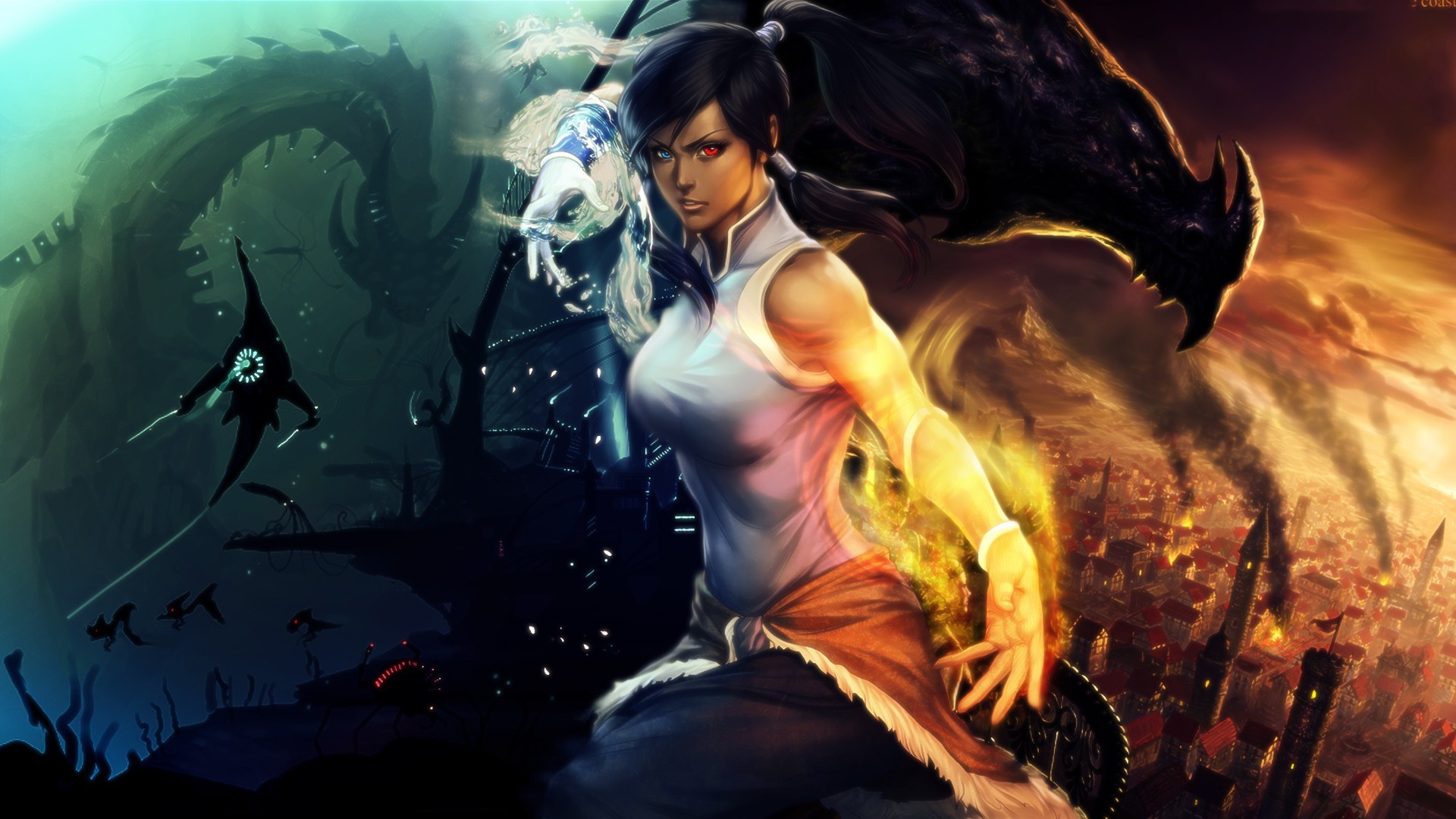 Korra from The Legend of Korra with elemental powers HD Wallpaper