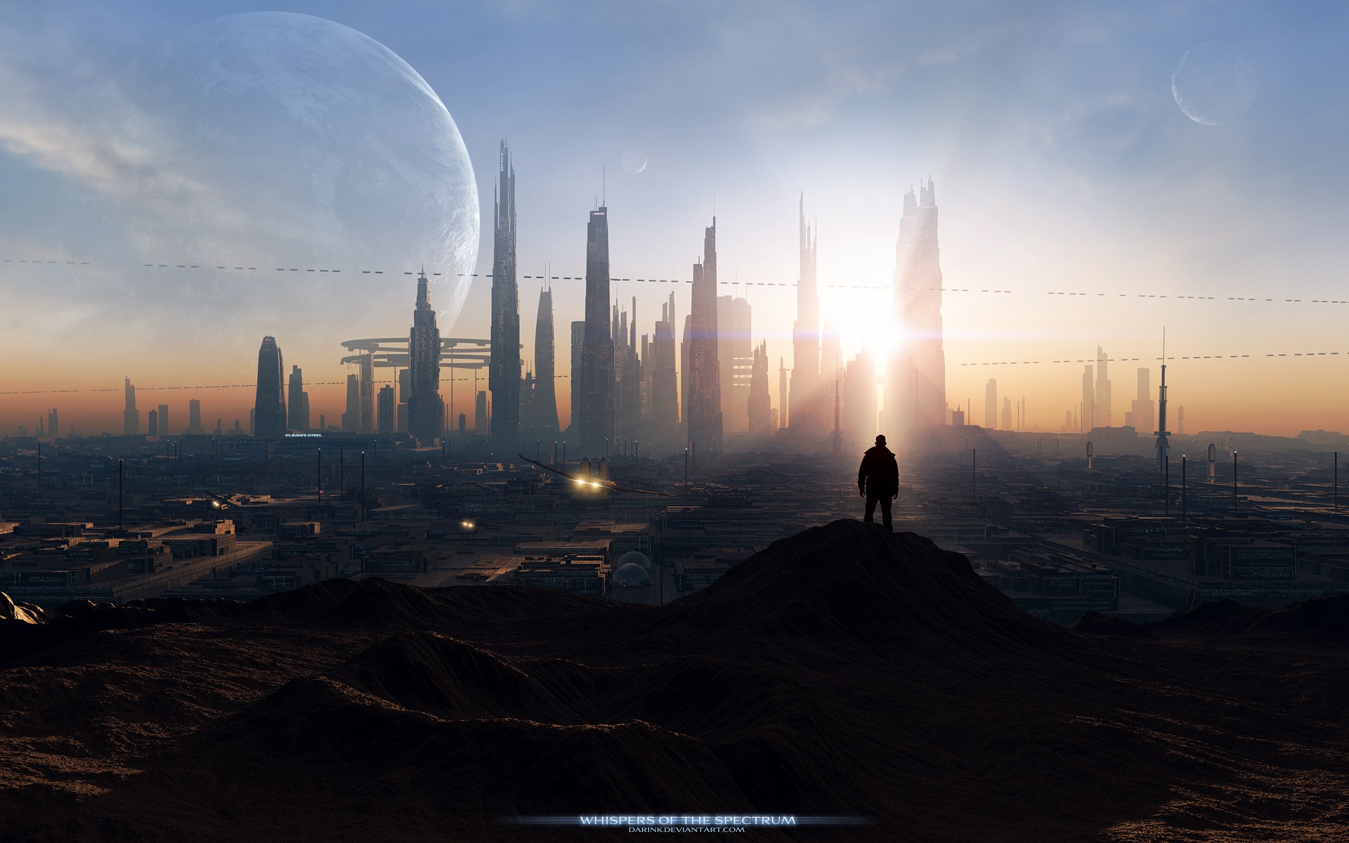 Futuristic city with a large moon and a lone figure HD Wallpaper
