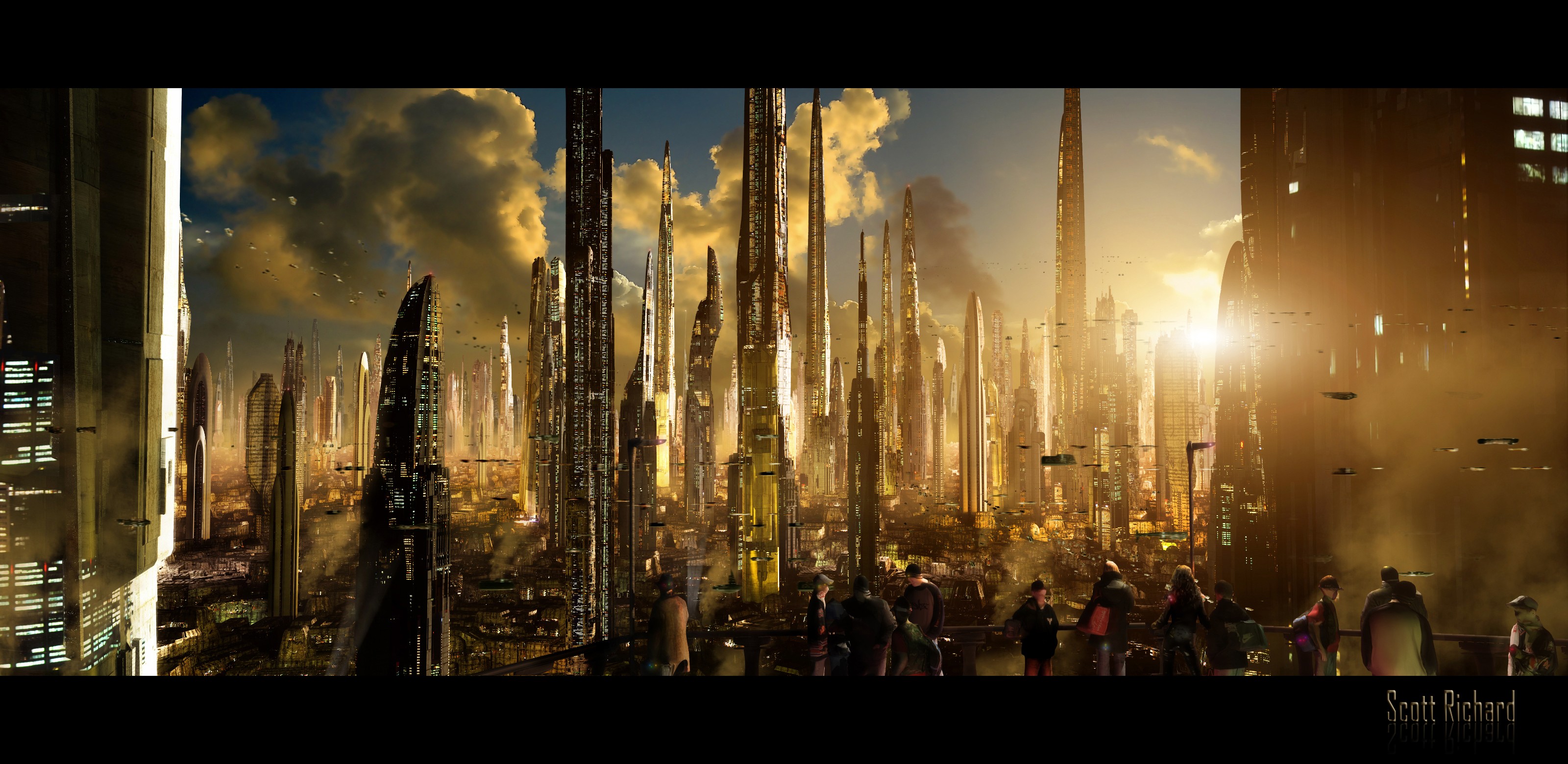 Futuristic city skyline at sunset with flying vehicles HD Wallpaper