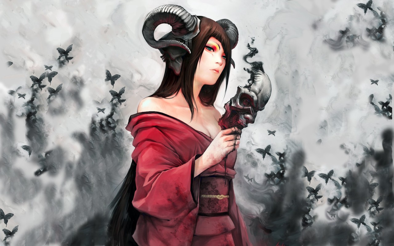 Demon girl with horns holding a skull HD Wallpaper