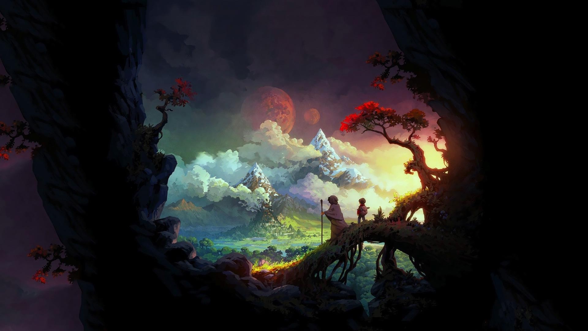 Fantasy landscape with two figures on a bridge HD Wallpaper