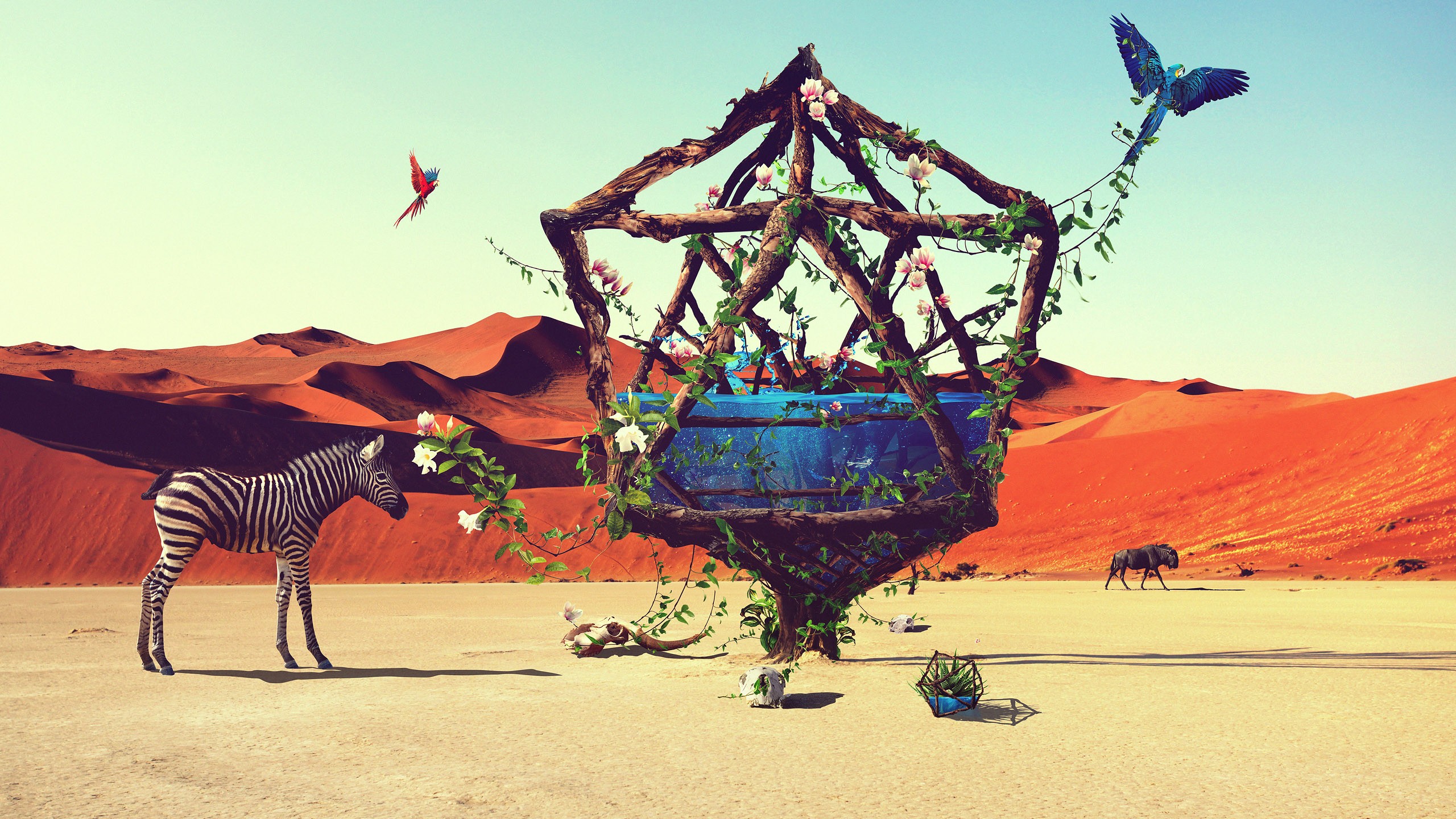 A surreal desert scene with a zebra and a wooden structure HD Wallpaper