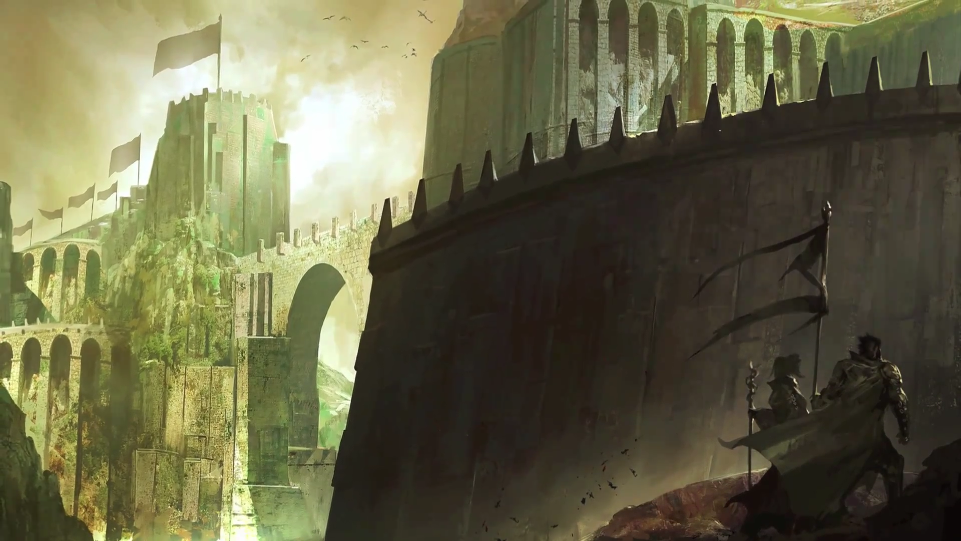Ascalon fantasy art castle with flags and figures HD Wallpaper