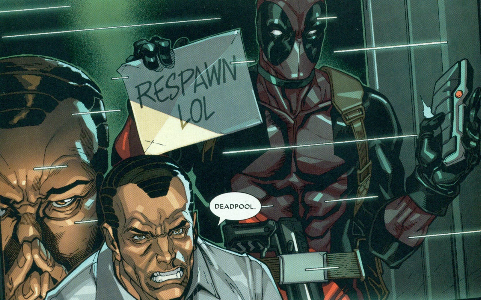 Deadpool holds a sign that says RESPAWN LOL HD Wallpaper