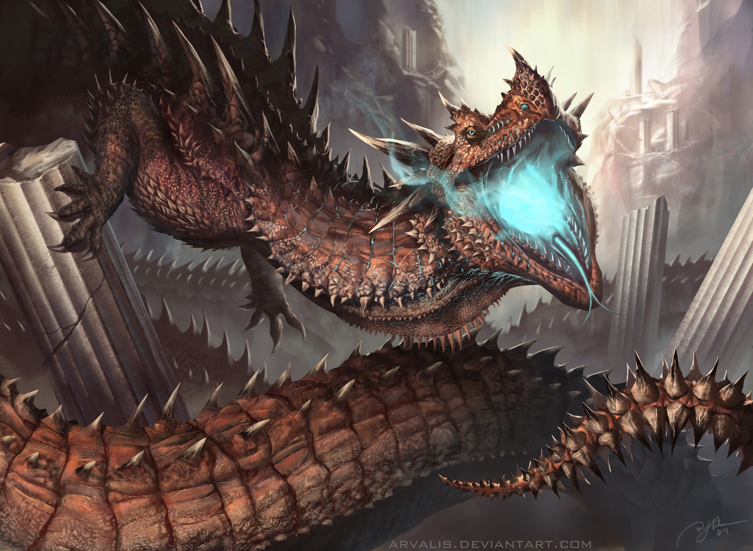 A fearsome dragon breathes blue fire amidst ruins HD Wallpaper