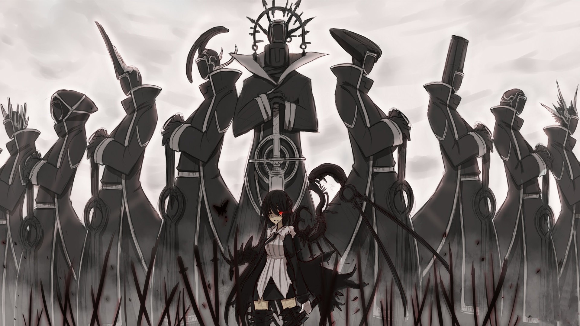 Anime girl with red eyes and dark wings surrounded by figures HD Wallpaper