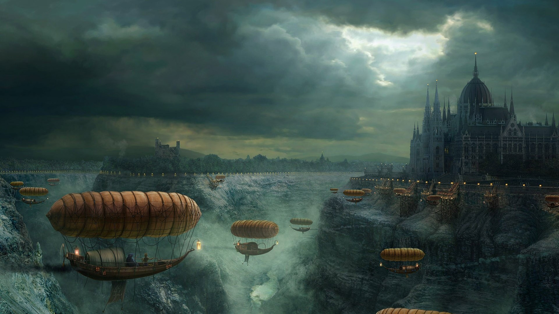 Steampunk airships flying over a canyon city HD Wallpaper