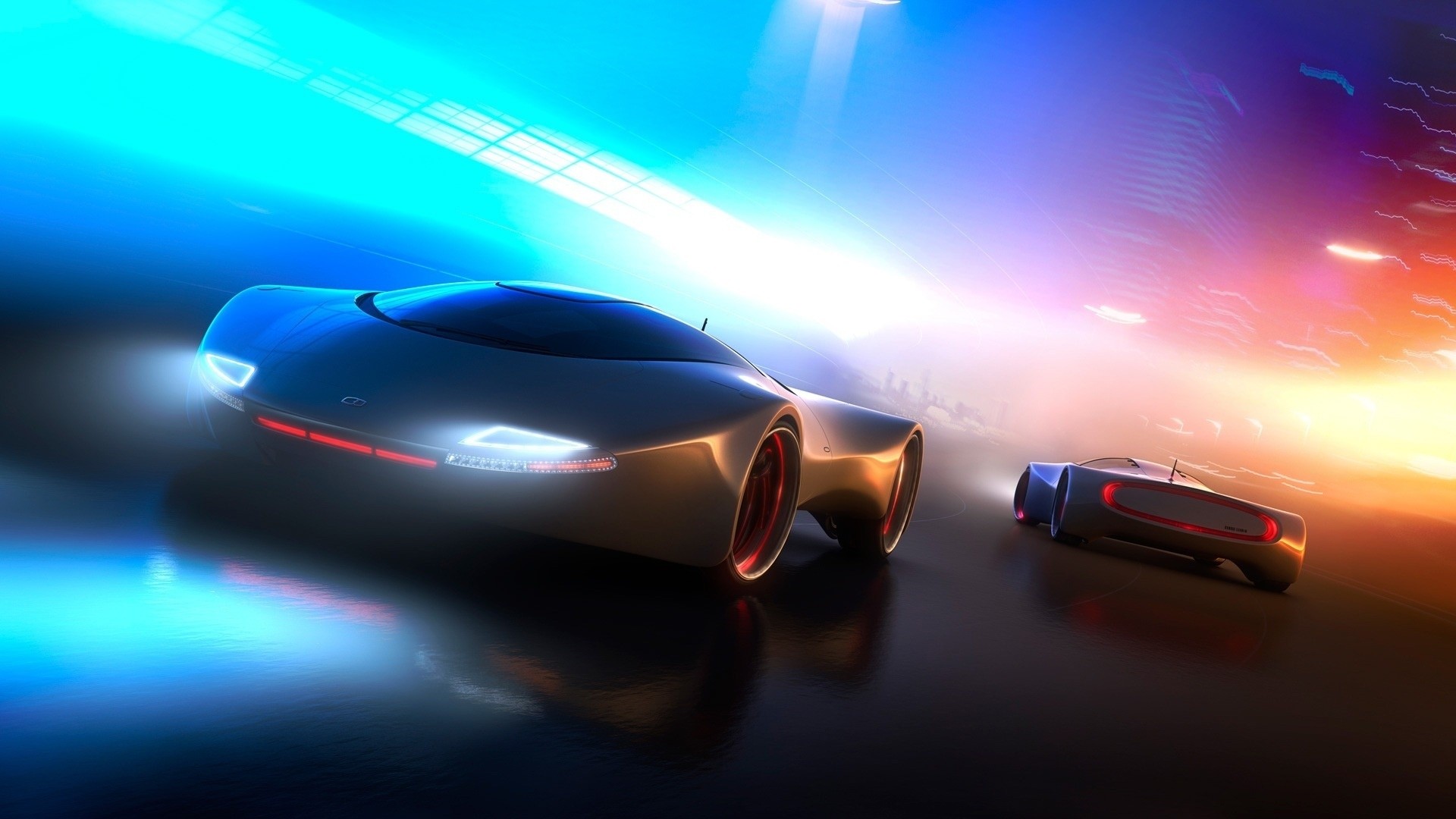 Futuristic concept cars racing at night HD Wallpaper