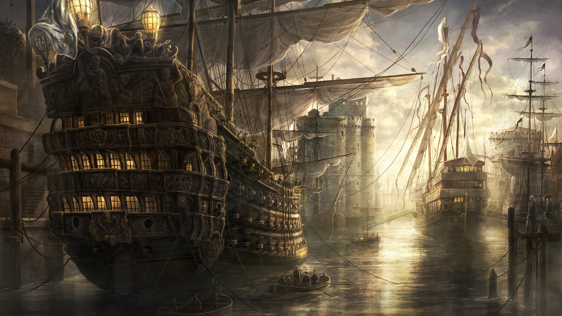 Sailing ships docked in a harbor with stone towers HD Wallpaper