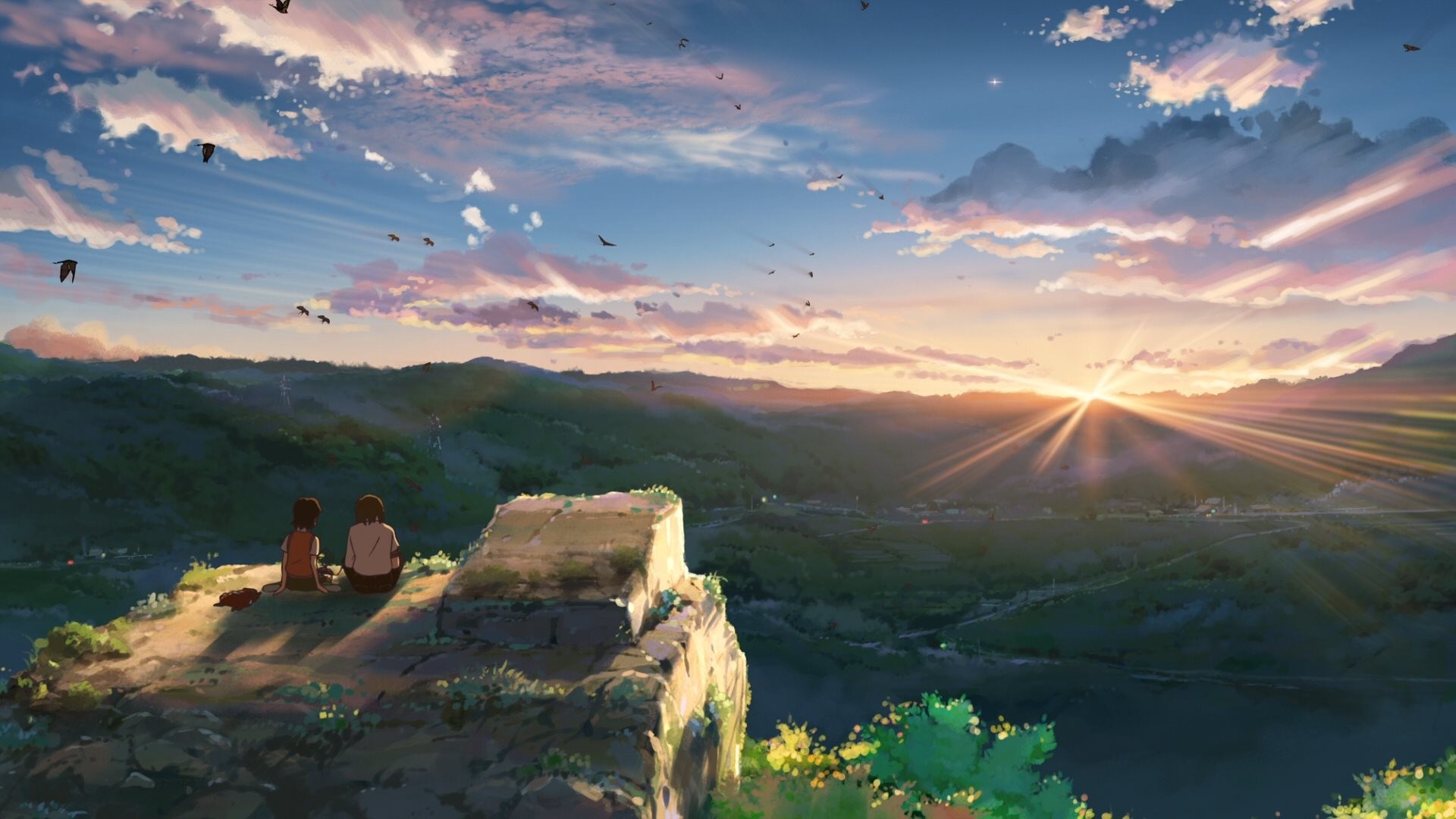 Children watching the sunset over a valley HD Wallpaper