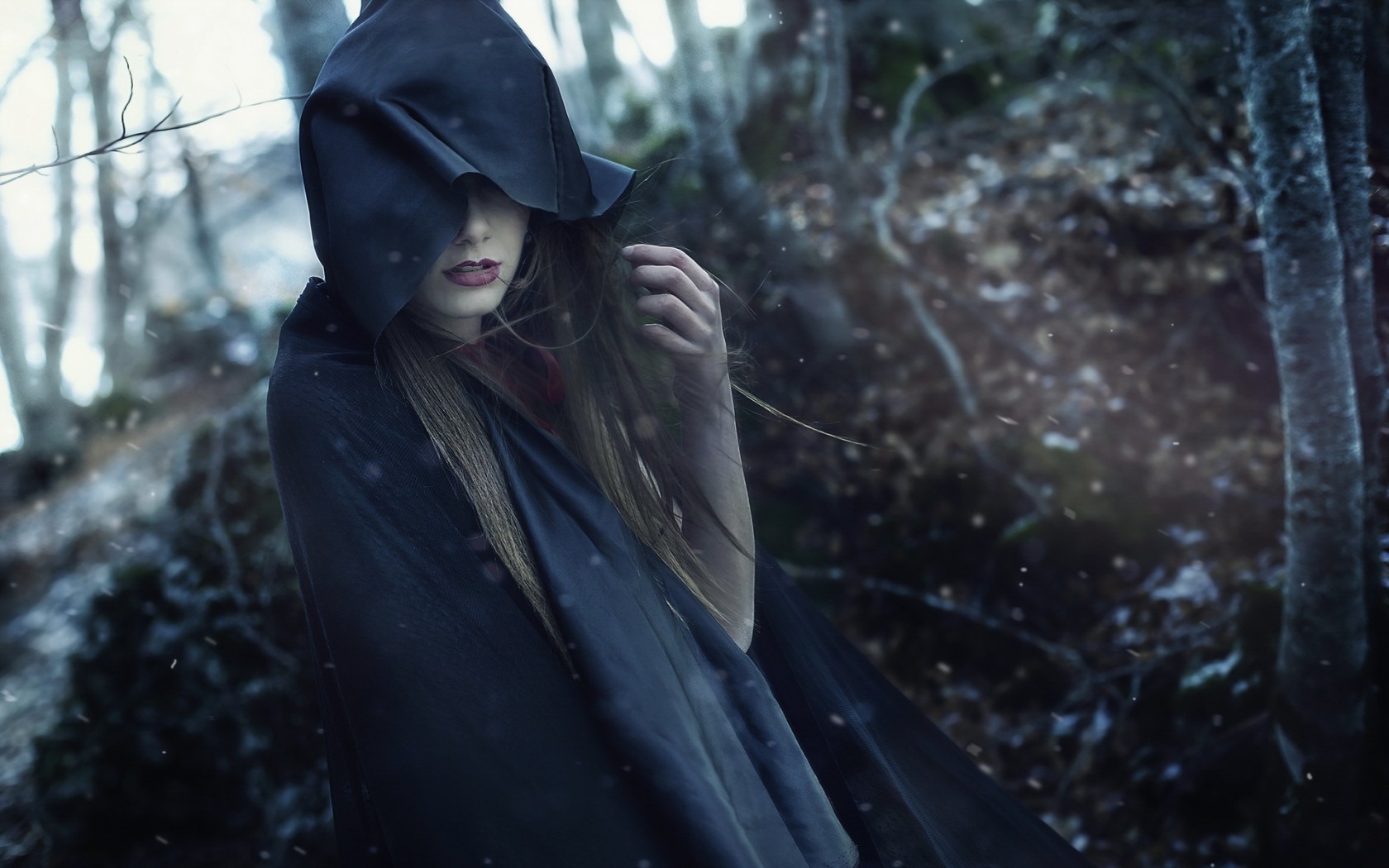 Woman in a black hood in a forest HD Wallpaper