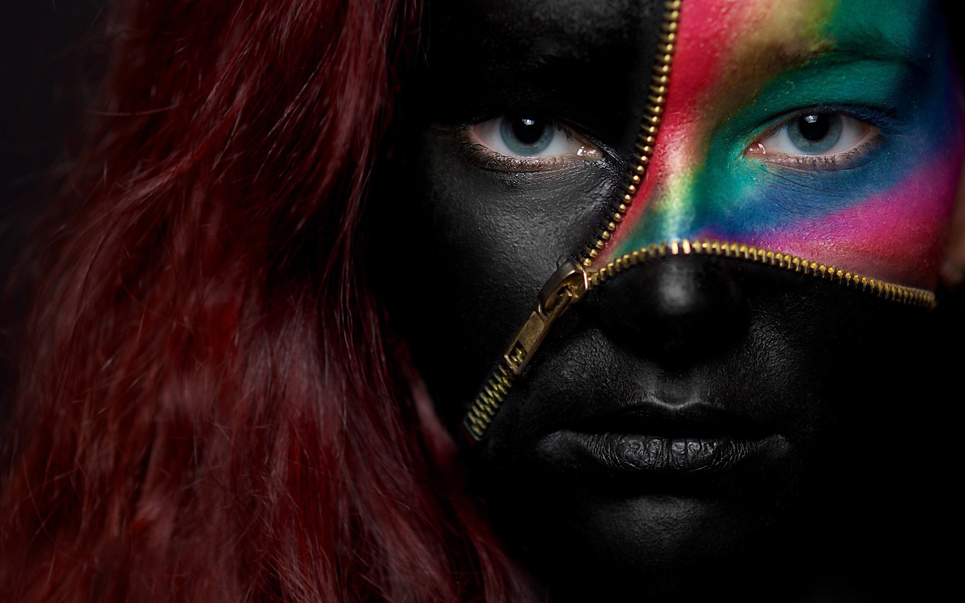 Woman with black and colorful face paint and red hair HD Wallpaper