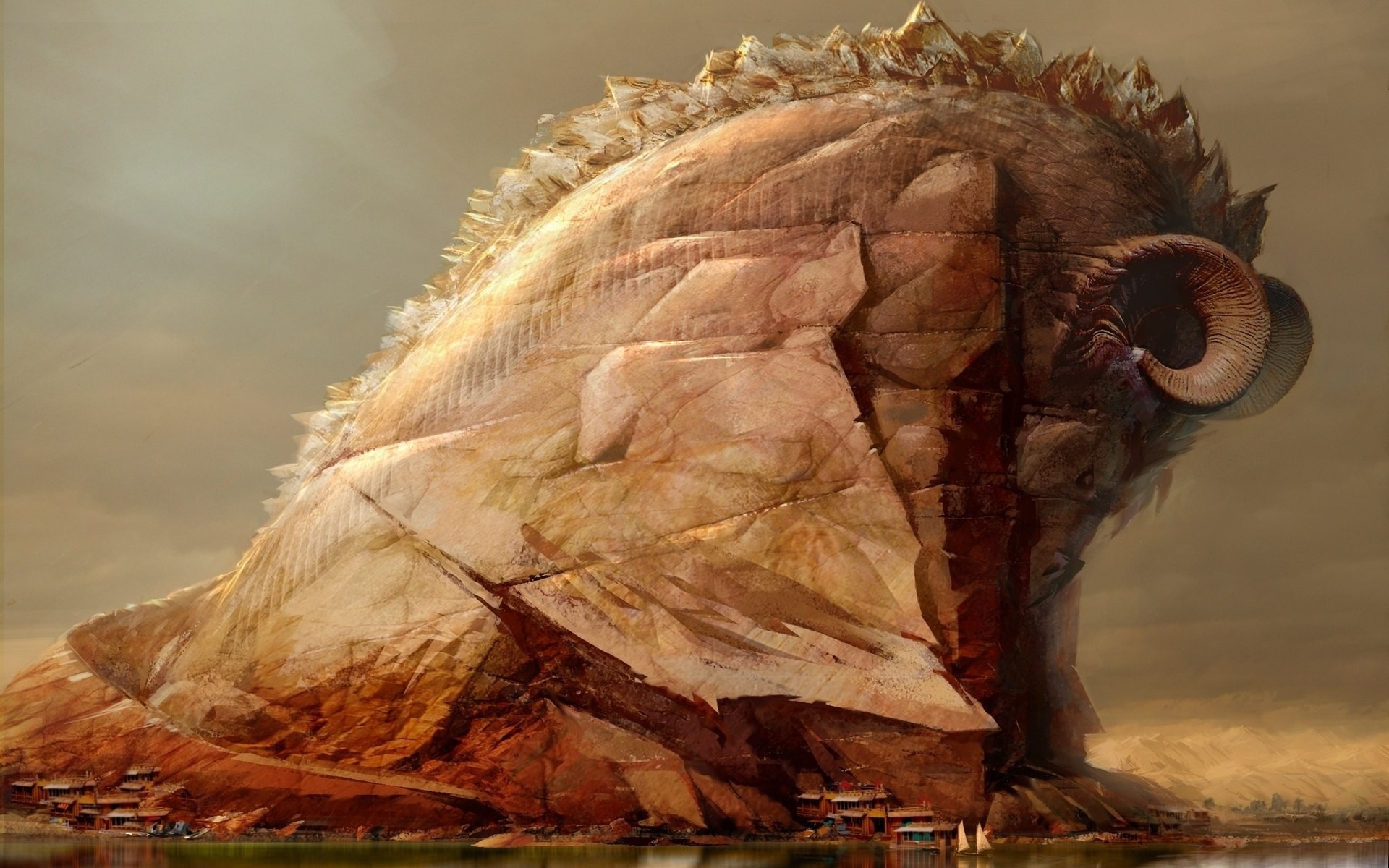 Guild Wars 2 concept art of a colossal ram-headed mountain HD Wallpaper