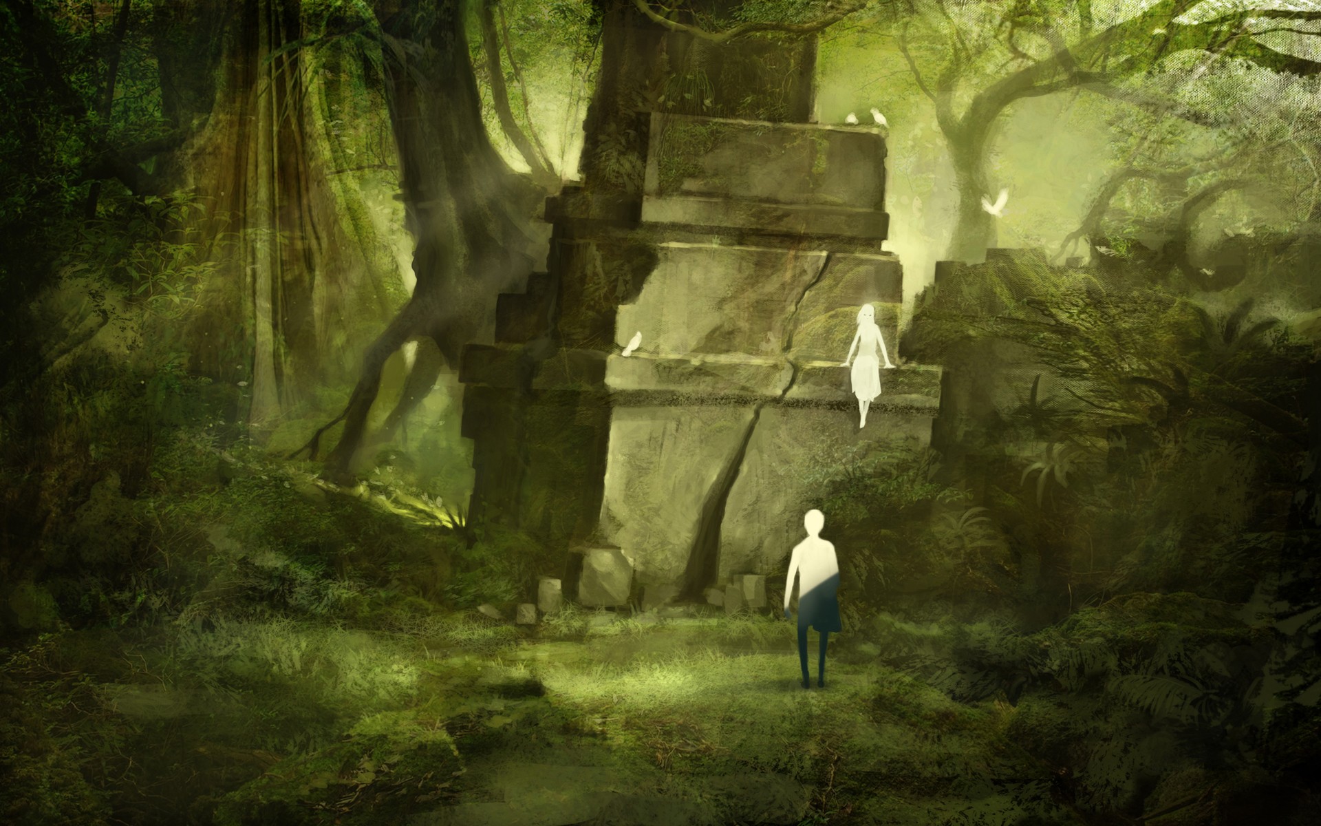 Fantasy art of a temple in a jungle HD Wallpaper
