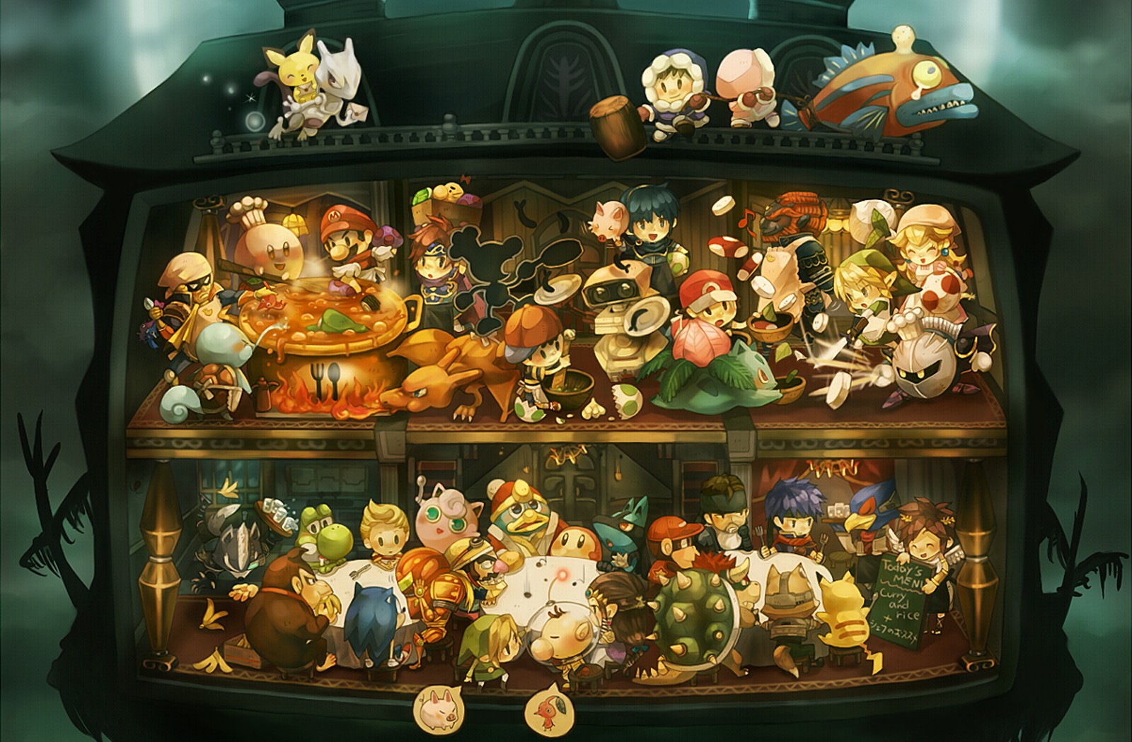 Nintendo characters gathered for a meal HD Wallpaper