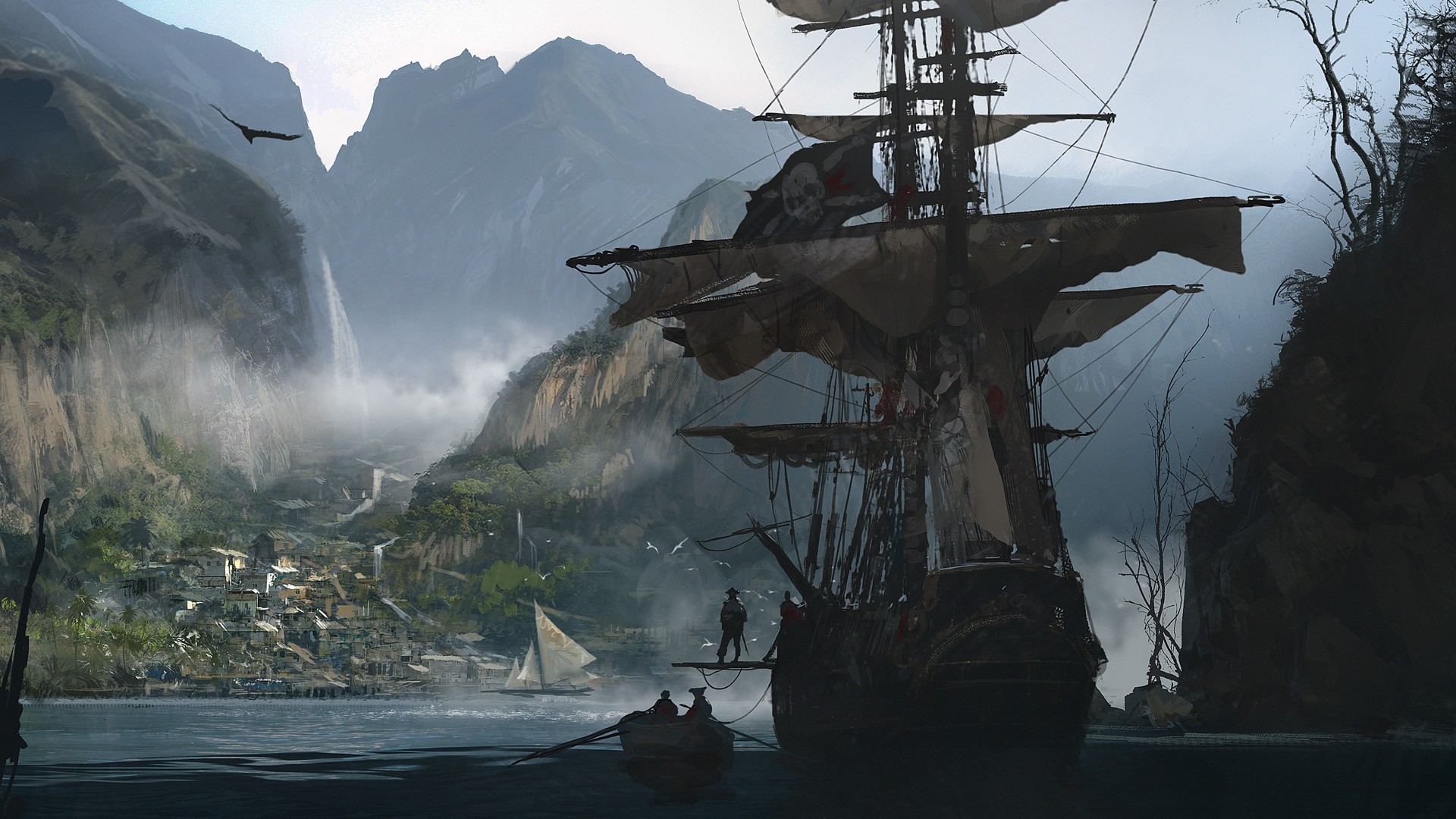 Pirate ship near a village in a mountainous cove HD Wallpaper