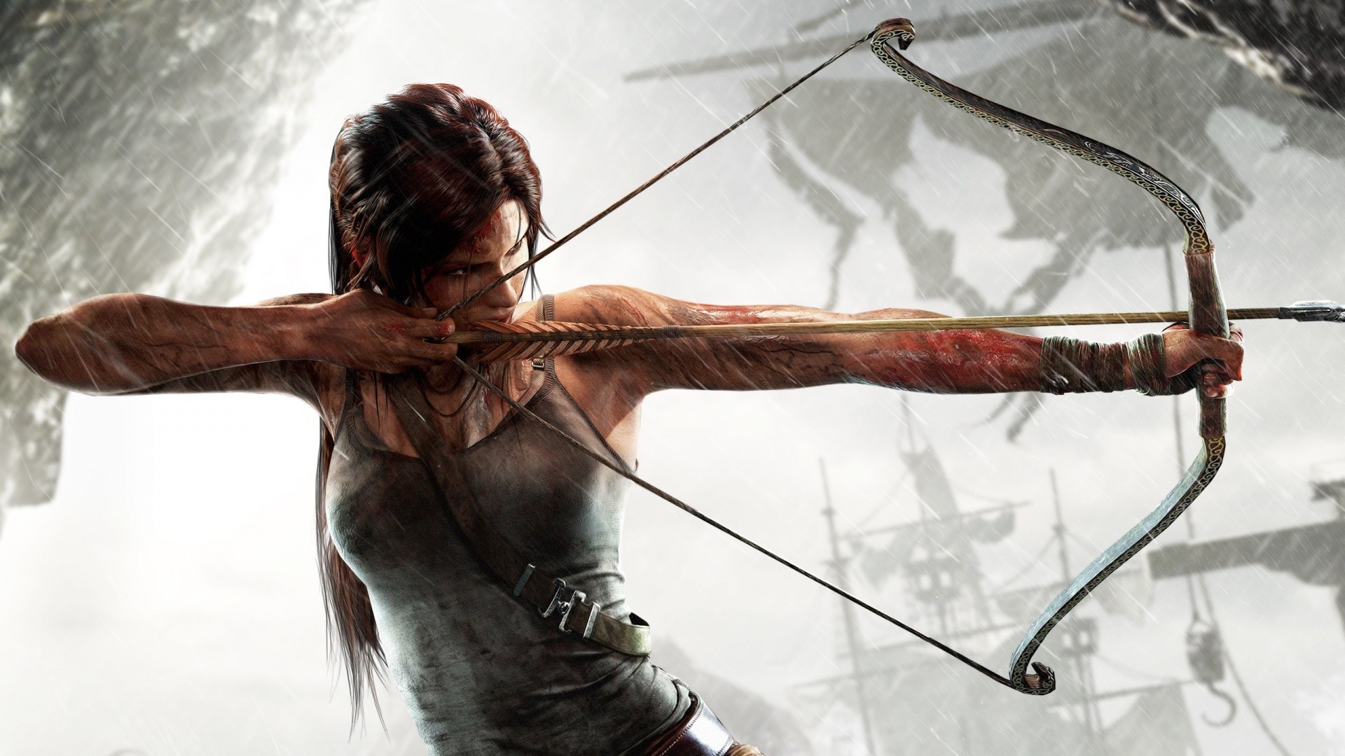 Lara Croft aiming a bow and arrow in the rain HD Wallpaper