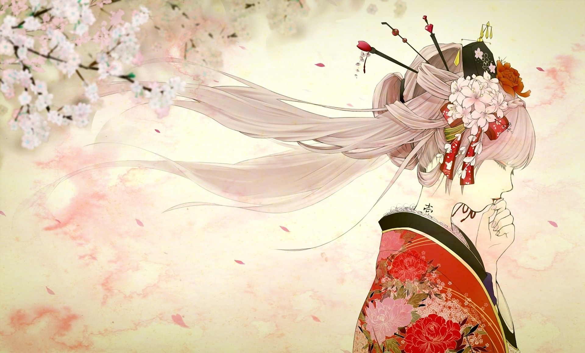 Sakura Miku in a Kimono with Cherry Blossoms HD Wallpaper